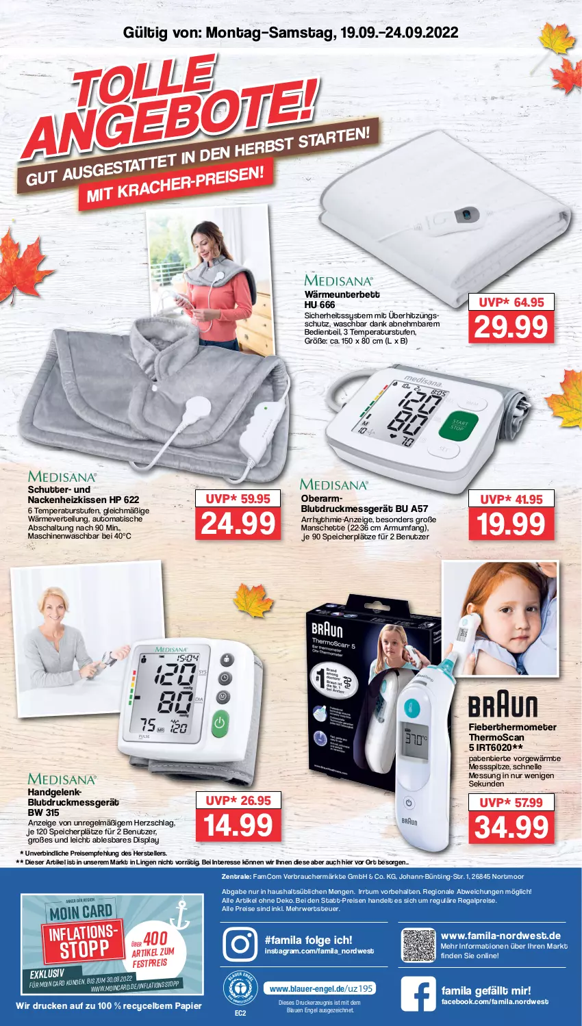 Aktueller Prospekt Famila - Prospekte - von 19.09 bis 24.09.2022 - strona 4 - produkty: auer, auto, bett, Blutdruckmessgerät, drucker, eis, elle, Engel, ente, Fieberthermometer, Heizkissen, HP, kerze, kissen, LG, papier, Rauch, regal, reis, rwe, Schal, teller, thermometer, Ti, tisch, überhitzungsschutz