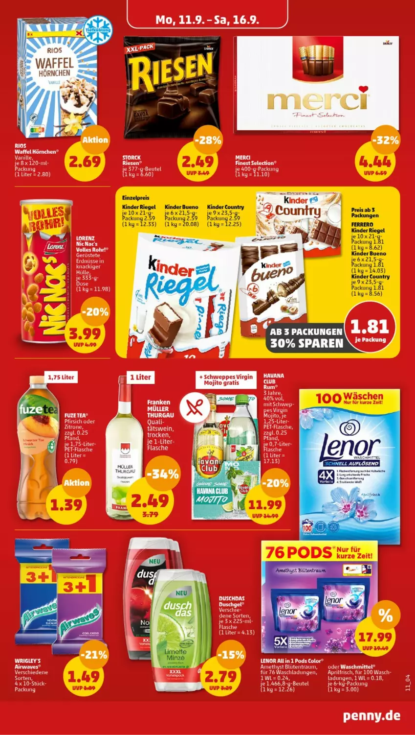 Aktueller Prospekt Penny - Prospekte - von 11.09 bis 16.09.2023 - strona 11 - produkty: eis, ferrero, Kinder, kinder bueno, kinder country, kinder riegel, Müller, reis, riegel, waschmittel