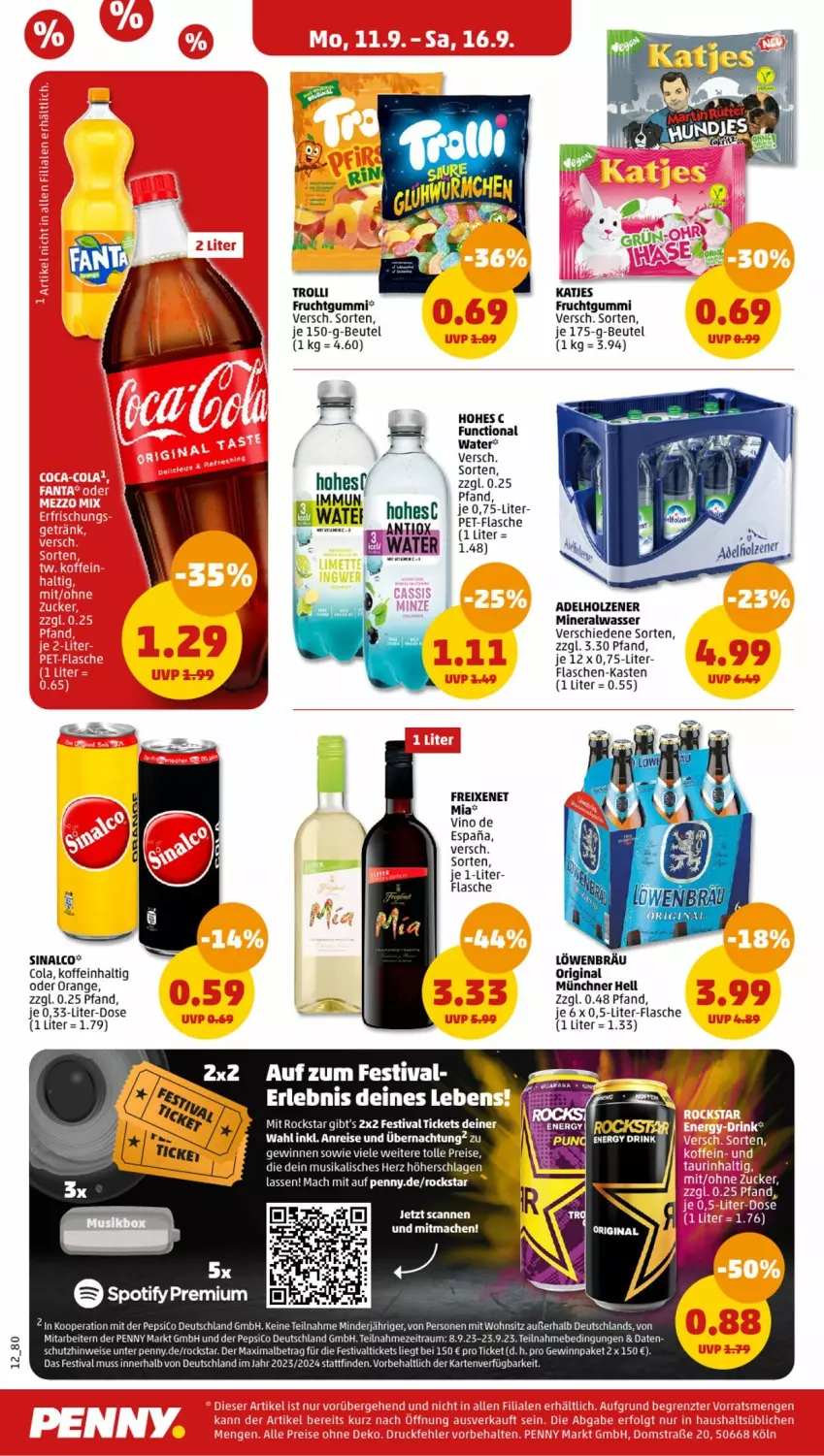 Aktueller Prospekt Penny - Prospekte - von 11.09 bis 16.09.2023 - strona 12 - produkty: adelholzener, Alwa, beutel, cola, eis, elle, flasche, flaschen-kasten, freixenet, frucht, fruchtgummi, gin, Hohes C, Holz, mac, mineralwasser, orange, pepsi, pet-flasche, reis, Rockstar, sinalco, Ti, wasser