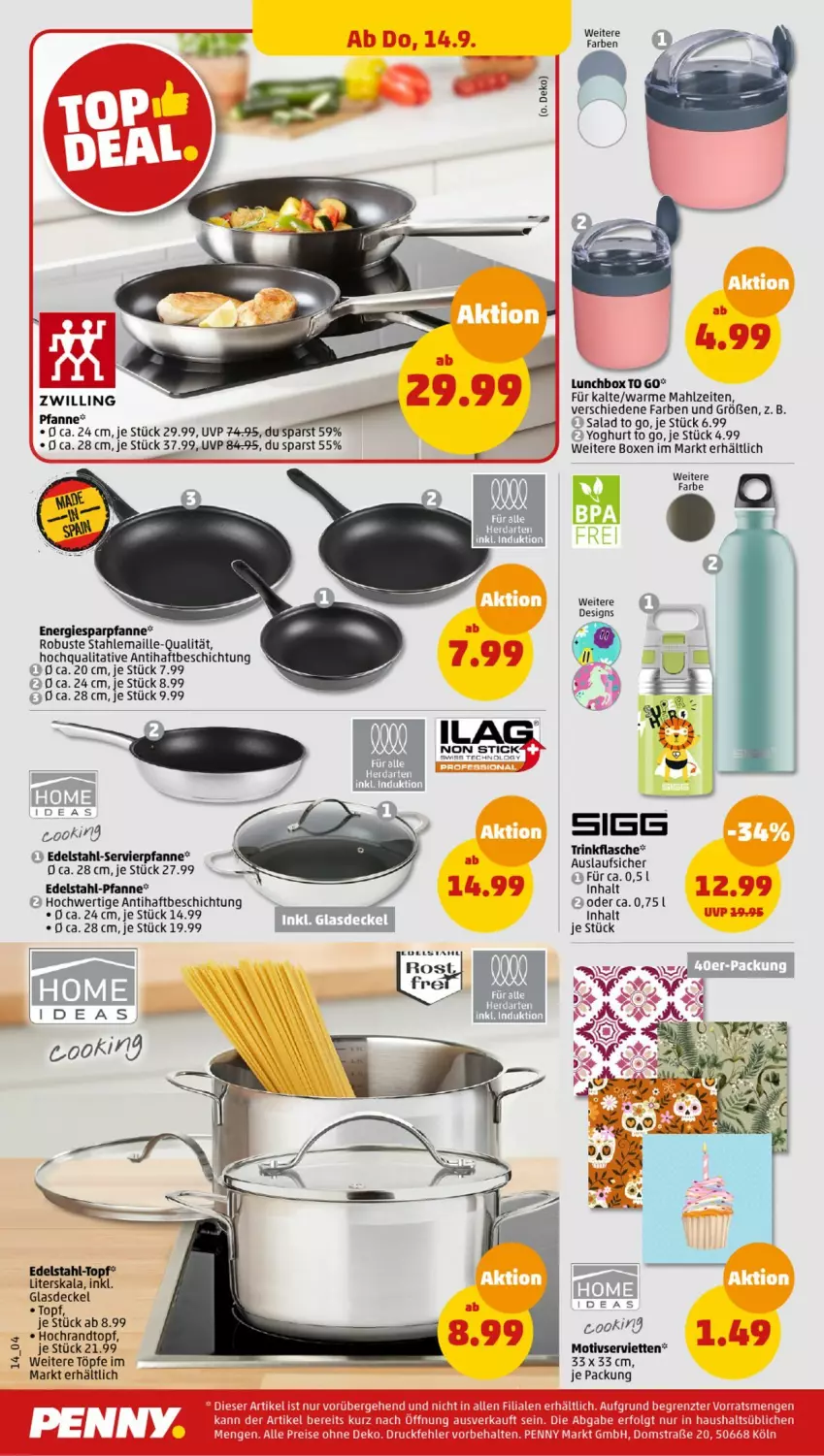 Aktueller Prospekt Penny - Prospekte - von 11.09 bis 16.09.2023 - strona 14 - produkty: decke, Deckel, edelstahl, Edelstahl-Pfanne, eis, flasche, Glasdeckel, LG, lunchbox, maille, pfanne, reis, Serviette, servietten, Ti, topf, trinkflasche, Yo, yoghurt, ZTE