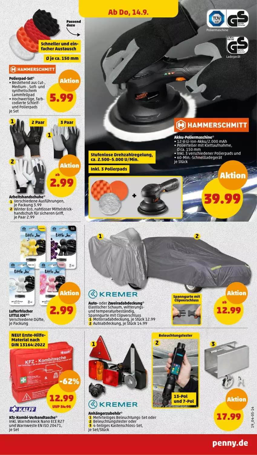 Aktueller Prospekt Penny - Prospekte - von 11.09 bis 16.09.2023 - strona 19 - produkty: akku, Anhänger, asti, aust, auto, beleuchtung, elle, handschuhe, ladegerät, lamm, Lammfell, lufterfrischer, Ria, schnellladegerät, schuhe, Tasche, Ti, tisch, Warndreieck, Warnweste, Weste