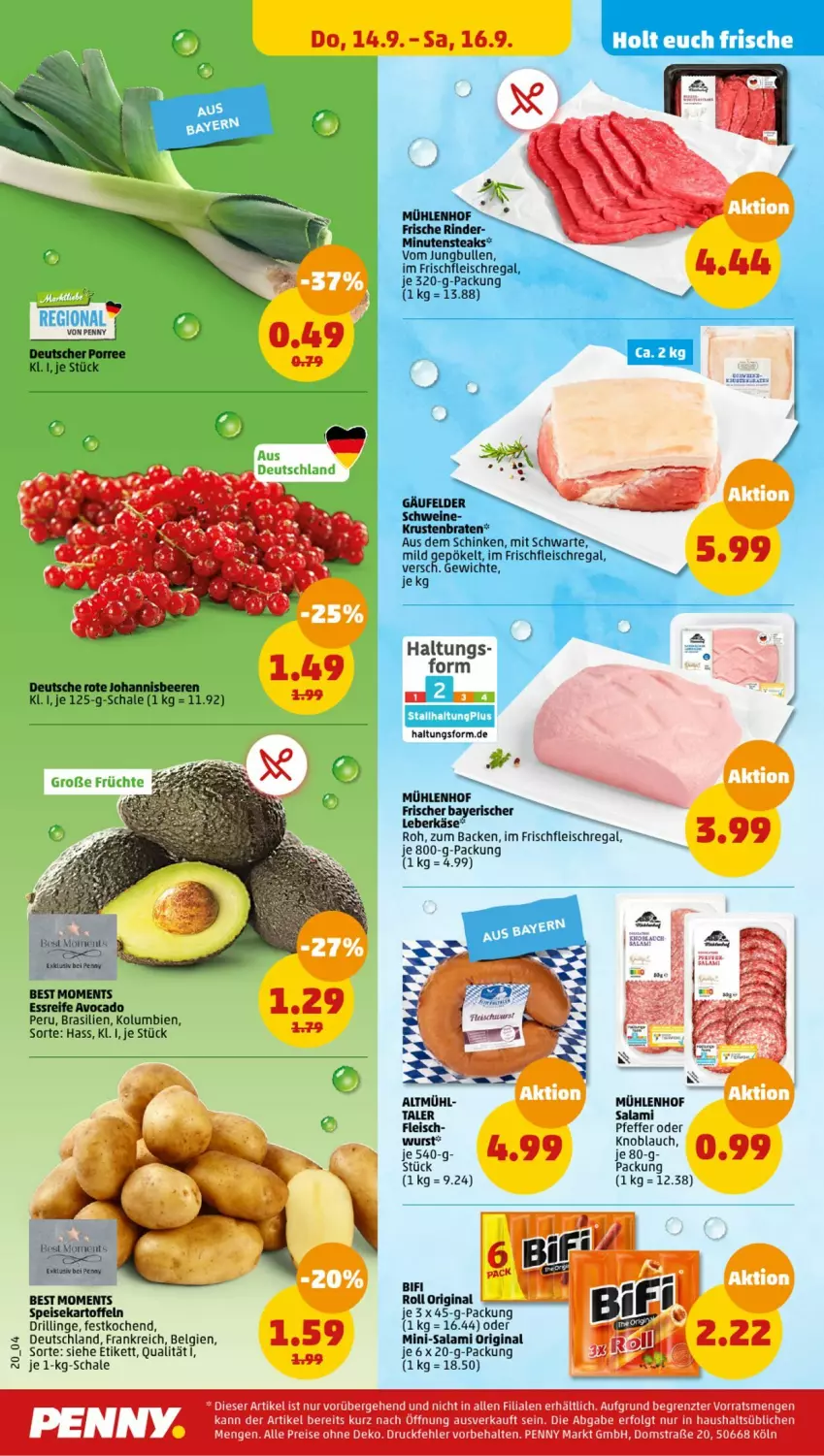 Aktueller Prospekt Penny - Prospekte - von 11.09 bis 16.09.2023 - strona 20 - produkty: avocado, beere, beeren, bifi, braten, eis, fleisch, gin, johannisbeere, Johannisbeeren, jungbullen, kartoffel, kartoffeln, knoblauch, krustenbraten, LG, Mini-Salami, minutensteaks, pfeffer, regal, reis, rind, rinder, Rote Johannisbeeren, salami, Schal, Schale, schinken, schwein, schweine, speisekartoffeln, steak, steaks, Ti, wein, weine, wurst, ZTE