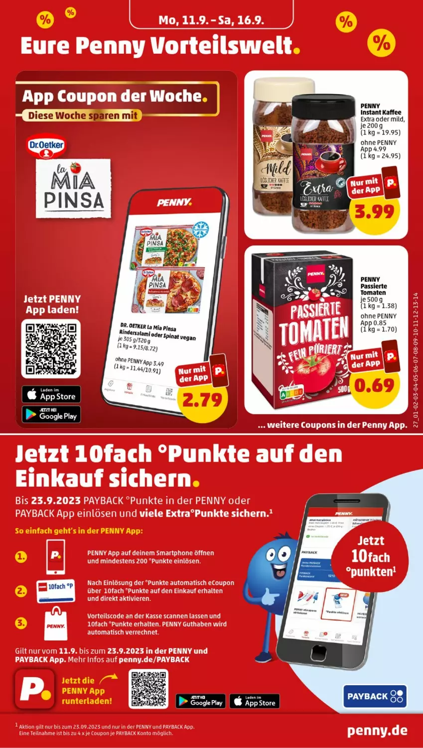 Aktueller Prospekt Penny - Prospekte - von 11.09 bis 16.09.2023 - strona 27 - produkty: coupon, Dr. Oetker, kaffee, payback, rind, rinder, Rindersalami, salami, tomate, tomaten