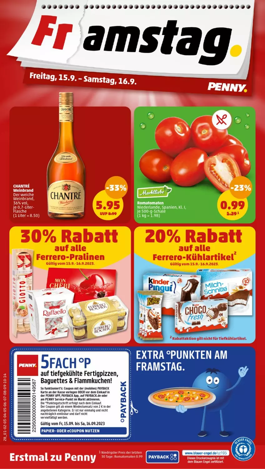 Aktueller Prospekt Penny - Prospekte - von 11.09 bis 16.09.2023 - strona 28 - produkty: angebot, angebote, auer, baguette, baguettes, coupon, Engel, erde, flammkuchen, kuchen, lamm, LG, papier, payback, Romatomaten, Schal, Schale, Ti, tomate, tomaten