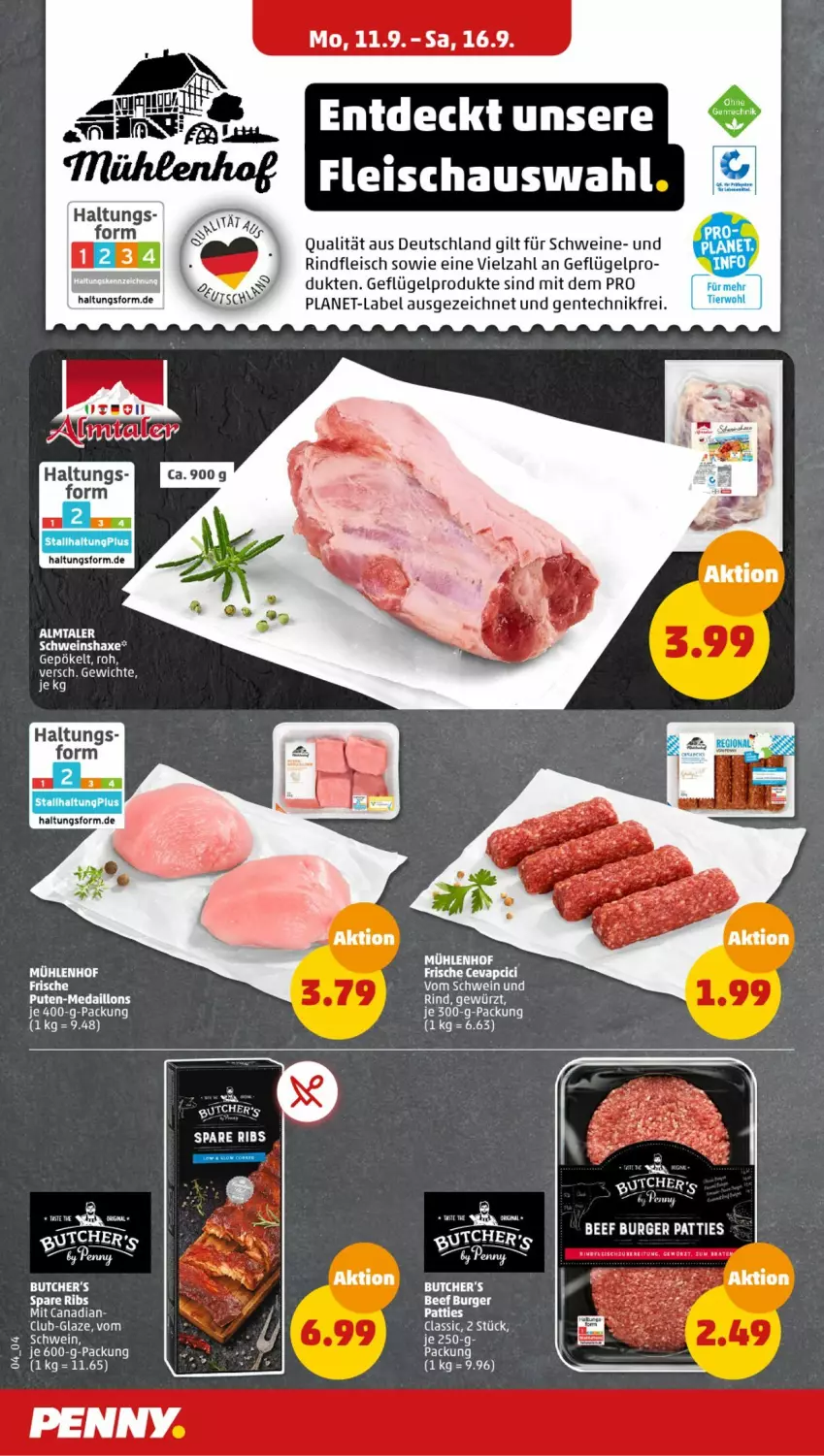 Aktueller Prospekt Penny - Prospekte - von 11.09 bis 16.09.2023 - strona 4 - produkty: axe, beef, burger, cevapcici, eis, ente, fleisch, Geflügel, geflügelprodukte sind mit dem, Haxe, medaillons, pute, rind, rindfleisch, schwein, schweine, spare ribs, Ti, wein, weine