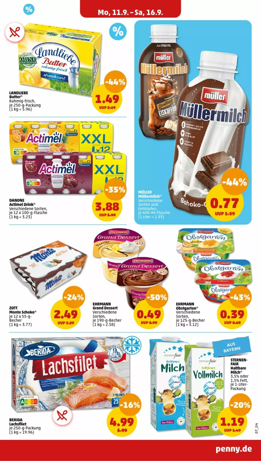 Aktueller Prospekt Penny - Prospekte - von 11.09 bis 16.09.2023 - strona 7 - produkty: actimel, actimel drink, Becher, butter, dessert, drink, ehrmann, eis, Engel, filet, flasche, Garten, je 250-g-packung, lachs, lachsfilet, landliebe, milch, monte, Müller, müllermilch, obst, obstgarten, schoko, Ti, zott