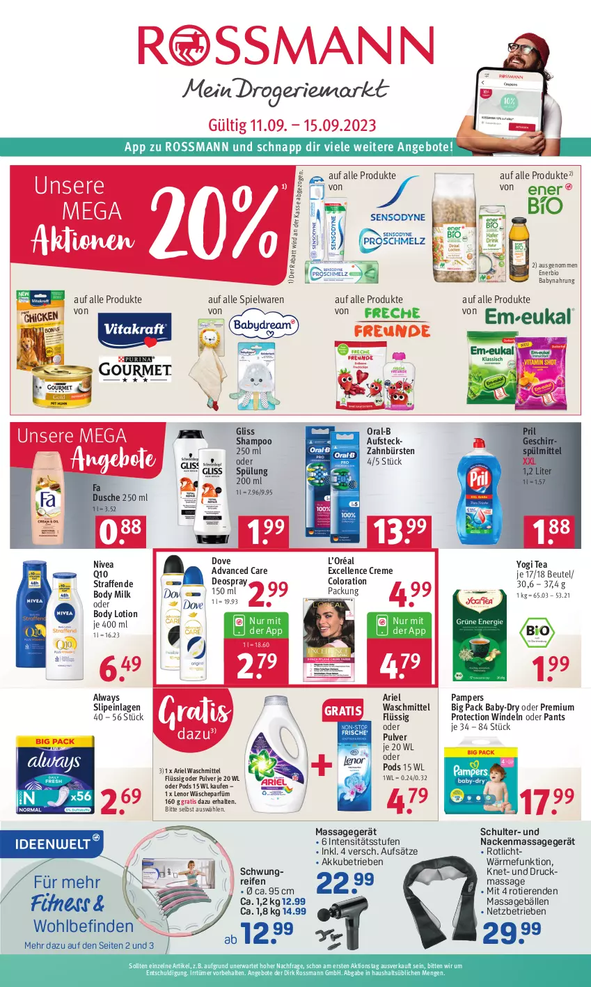 Aktueller Prospekt Rossmann - Prospekte - von 11.09 bis 15.09.2023 - strona 1 - produkty: akku, Alwa, Always, angebot, angebote, ariel, ariel waschmittel, baby-dry, Babynahrung, beutel, bio, body, body lotion, body milk, bürste, bürsten, creme, deo, deospray, deospray 150 ml, dove, dusche, elle, geschirr, geschirrspülmittel, gliss, lenor, Lotion, Massagegerät, nivea, oral-b, pampers, Pants, Pods, pril, Q10, reifen, shampoo, shampoo 250 ml, slip, slipeinlagen, spielwaren, spülmittel, spülung, spülung 200 ml, Ti, Tiere, wäscheparfüm, waschmittel, windeln, windeln oder pants, Yo, zahnbürste, zahnbürsten