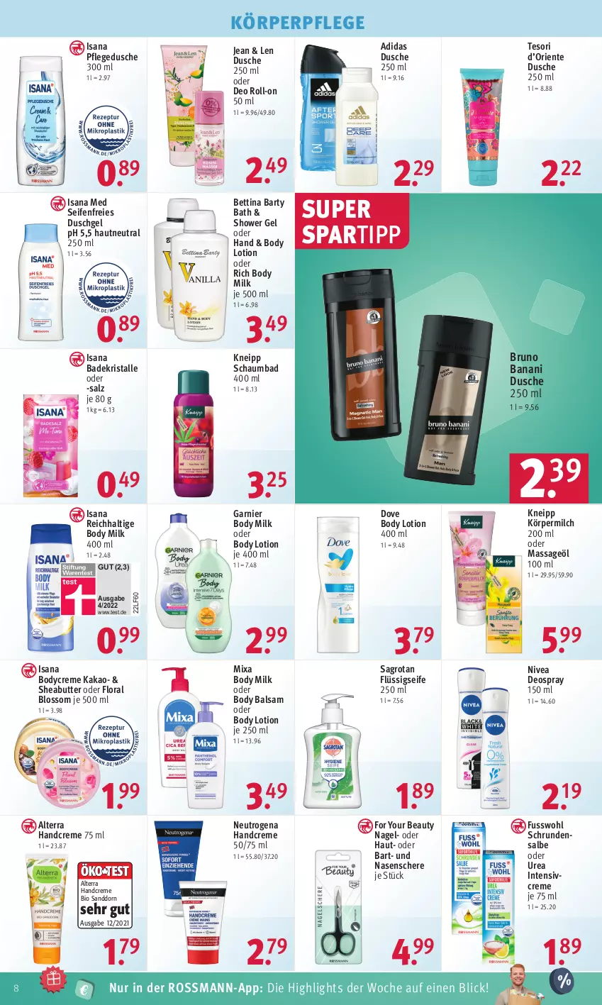 Aktueller Prospekt Rossmann - Prospekte - von 11.09 bis 15.09.2023 - strona 10 - produkty: Adidas, alterra, Bad, Badekristalle, balsam, bett, bio, body, body lotion, body milk, bruno banani, butter, creme, deo, deo roll-on, deospray, deospray 150 ml, dove, dusche, duschgel, ente, flüssigseife, For Your Beauty, Fusswohl, garnier, handcreme, isana, kakao, kneipp, körperpflege, Lotion, milch, Mixa, neutrogena, nivea, oder deo roll-on, Oral B, pflegedusche, roll-on, sagrotan, salz, sana, sanddorn, schaumbad, Schere, Seife, Sheabutter, spartipp, Ti, Yo