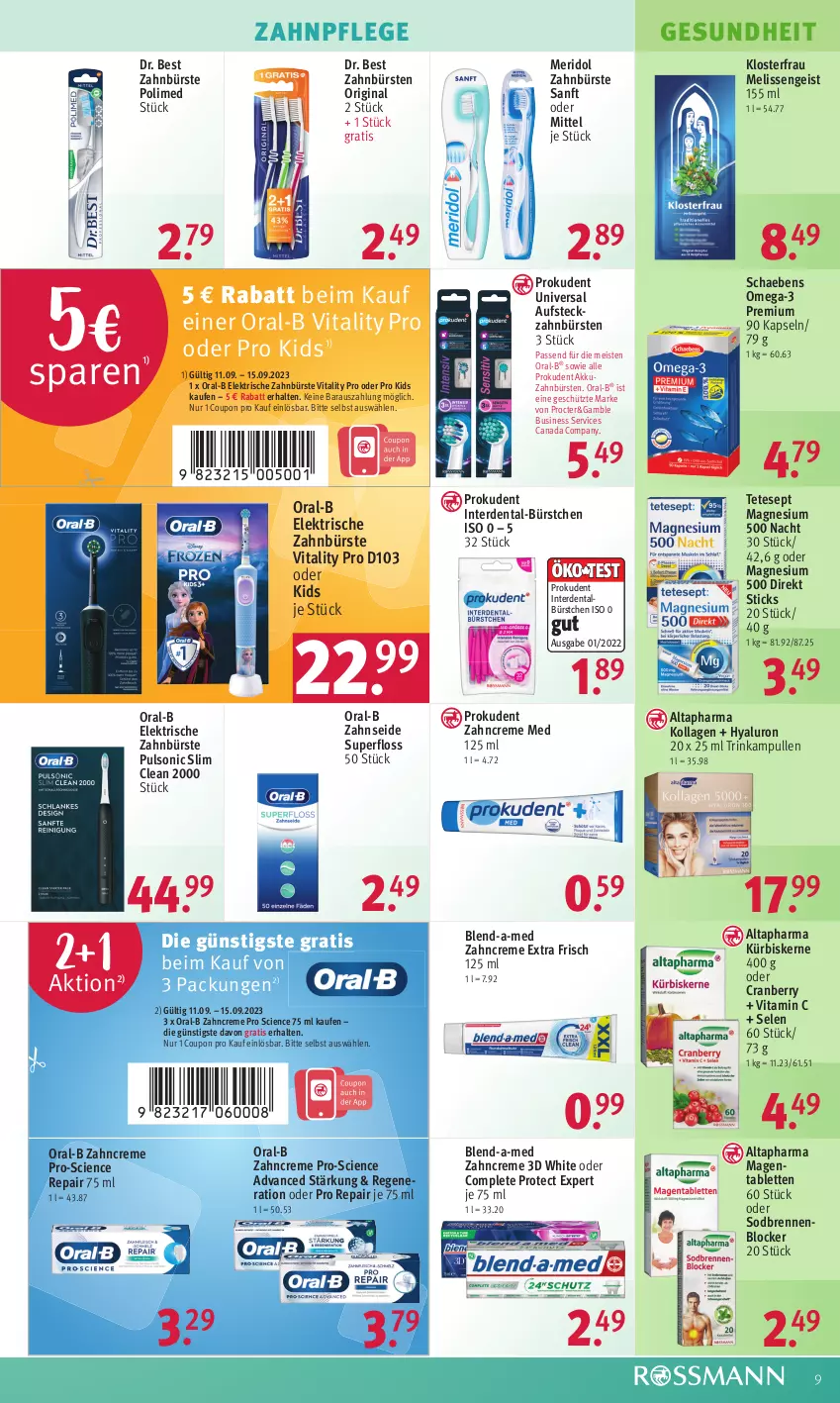 Aktueller Prospekt Rossmann - Prospekte - von 11.09 bis 15.09.2023 - strona 11 - produkty: akku, Altapharma, blend-a-med, bürste, bürsten, Cien, coupon, cranberry, creme, Dr. Best, eis, elektrische zahnbürste, erde, Gesundheit, gin, hyaluron, Kollagen, Kürbis, kürbiskerne, magnesium, meridol, omega, Omega-3, oral-b, Prokudent, Schaebens, tablet, tablett, Tablette, Ti, vita, vitality, Vitamin C, zahnbürste, zahnbürsten, zahncreme, Zahnseide, ZTE