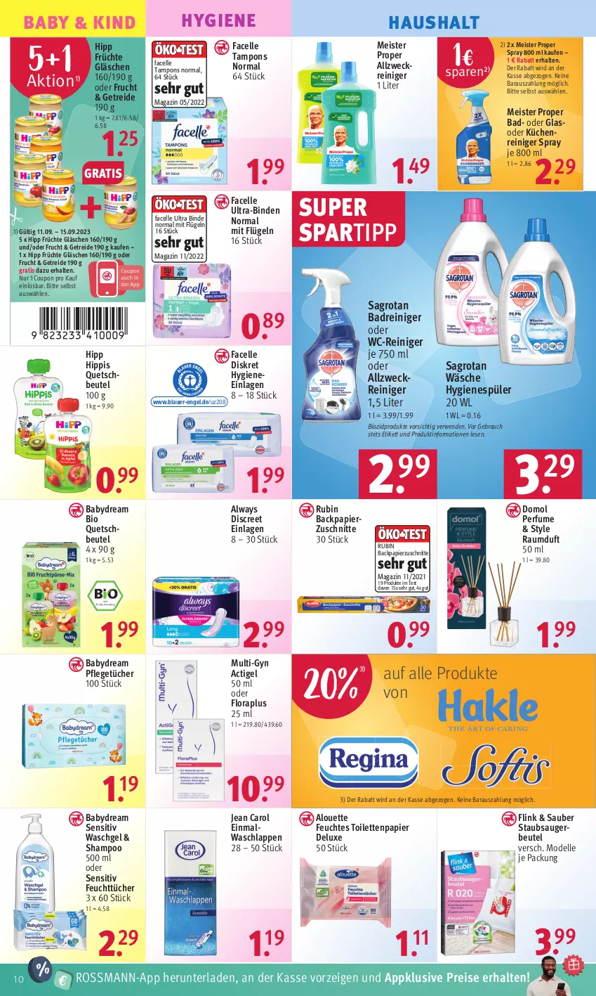 Aktueller Prospekt Rossmann - Prospekte - von 11.09 bis 15.09.2023 - strona 12 - produkty: allzweckreiniger, alouette, Alwa, Always, auer, babydream, Bad, beutel, binden, bio, biozidprodukte, coupon, dell, Discreet, Domol, Einmalwaschlappen, eis, elle, Engel, Facelle, feuchtes toilettenpapier, feuchttücher, frucht, früchte, hipp, hygienespüler, Jean Carol, küche, Küchen, magazin, Meister, meister proper, Mode, papier, quetschbeutel, Rauch, Raumduft, reiniger, reis, Rubin, rwe, sagrotan, shampoo, spartipp, staubsauger, staubsaugerbeutel, Tampon, tampons, Ti, toilettenpapier, tücher, Ultra-Binden, waschgel, waschlappen, wc-reiniger, weck