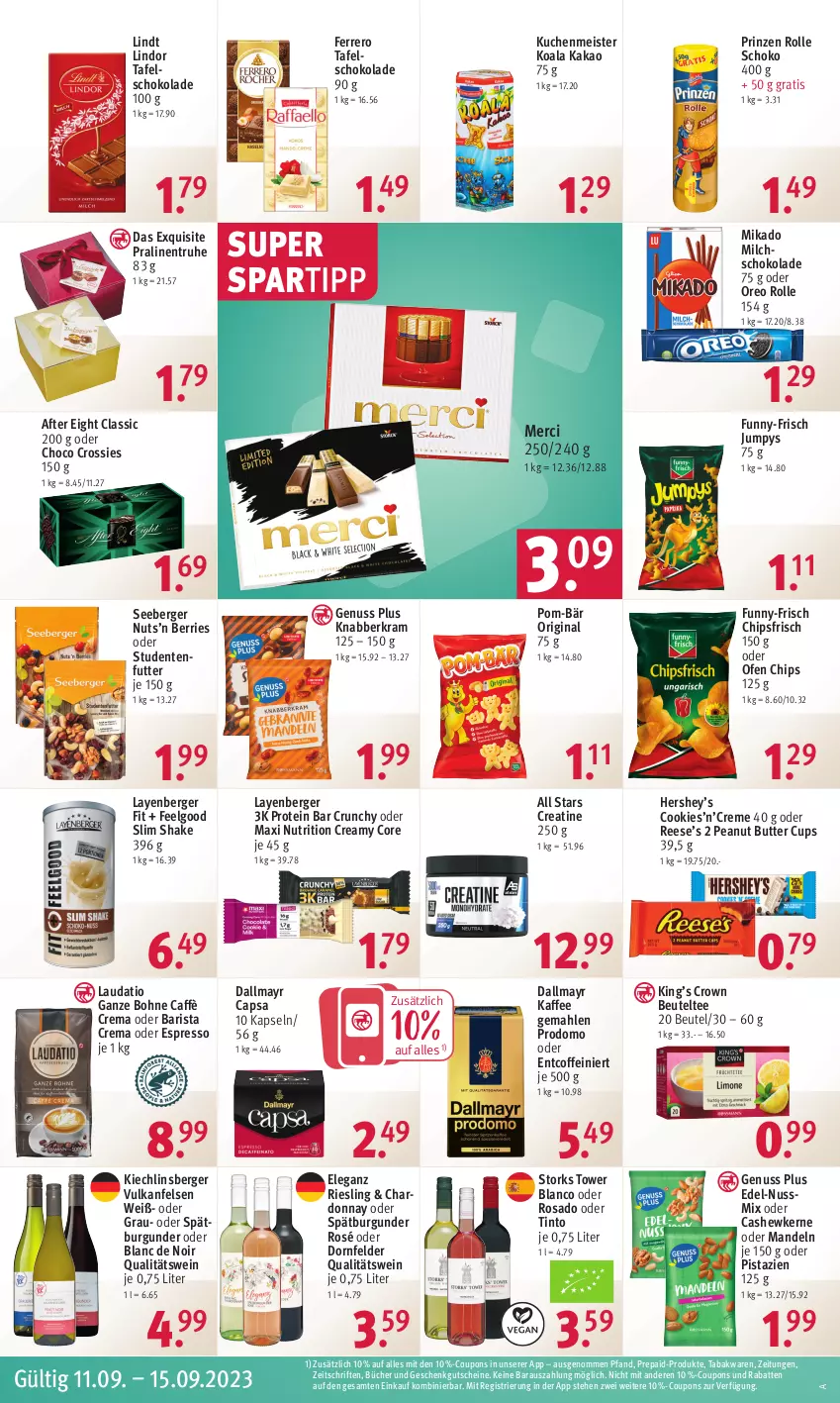 Aktueller Prospekt Rossmann - Prospekte - von 11.09 bis 15.09.2023 - strona 14 - produkty: after eight, Berger, beutel, bohne, burgunder, butter, caffè crema, Cap, Cashew, cashewkerne, chardonnay, chips, chipsfrisch, choco crossies, coffein, cookie, cookies, coupon, coupons, creme, crossies, dallmayr, dallmayr capsa, dornfelder, eis, ente, espresso, ferrero, funny-frisch, gin, gutschein, gutscheine, kaffee, kakao, kuchen, kuchenmeister, LG, lindor, lindt, mandel, mandeln, Meister, merci, mikado, milch, nuss, Nussmix, oder espresso, Ofen, oreo, peanut butter, pistazien, pom-bär, pralinen, prinzen rolle, prodomo, qualitätswein, riesling, schoko, schokolade, seeberger, shake, spartipp, spätburgunder, studentenfutter, tafelschokolade, tee, Ti, wein