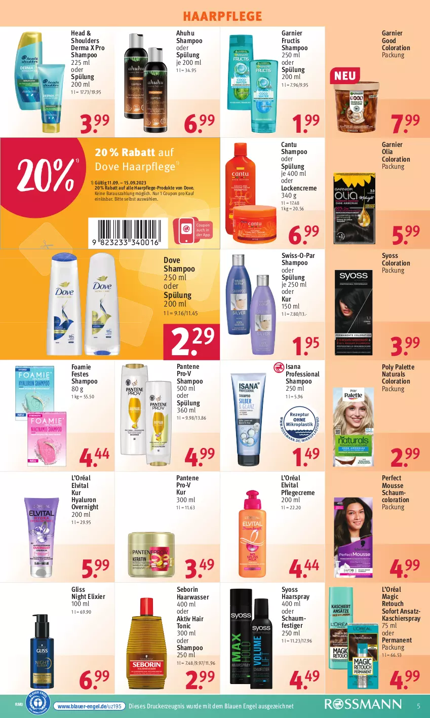 Aktueller Prospekt Rossmann - Prospekte - von 11.09 bis 15.09.2023 - strona 7 - produkty: auer, coupon, creme, dove, drucker, elvital, Engel, fructis, garnier, gliss, haarpflege, haarspray, Hair Tonic, hyaluron, isana, kerze, mousse, natur, natura, oder schaumfestiger, Palette, pantene, pantene pro-v, Pflegecreme, pro-v, sana, schaumfestiger, shampoo, shampoo 250 ml, shampoo oder spülung, spülung, spülung 200 ml, Swiss-o-Par, syoss, Ti, tonic, uhu, vita, wasser, Yo