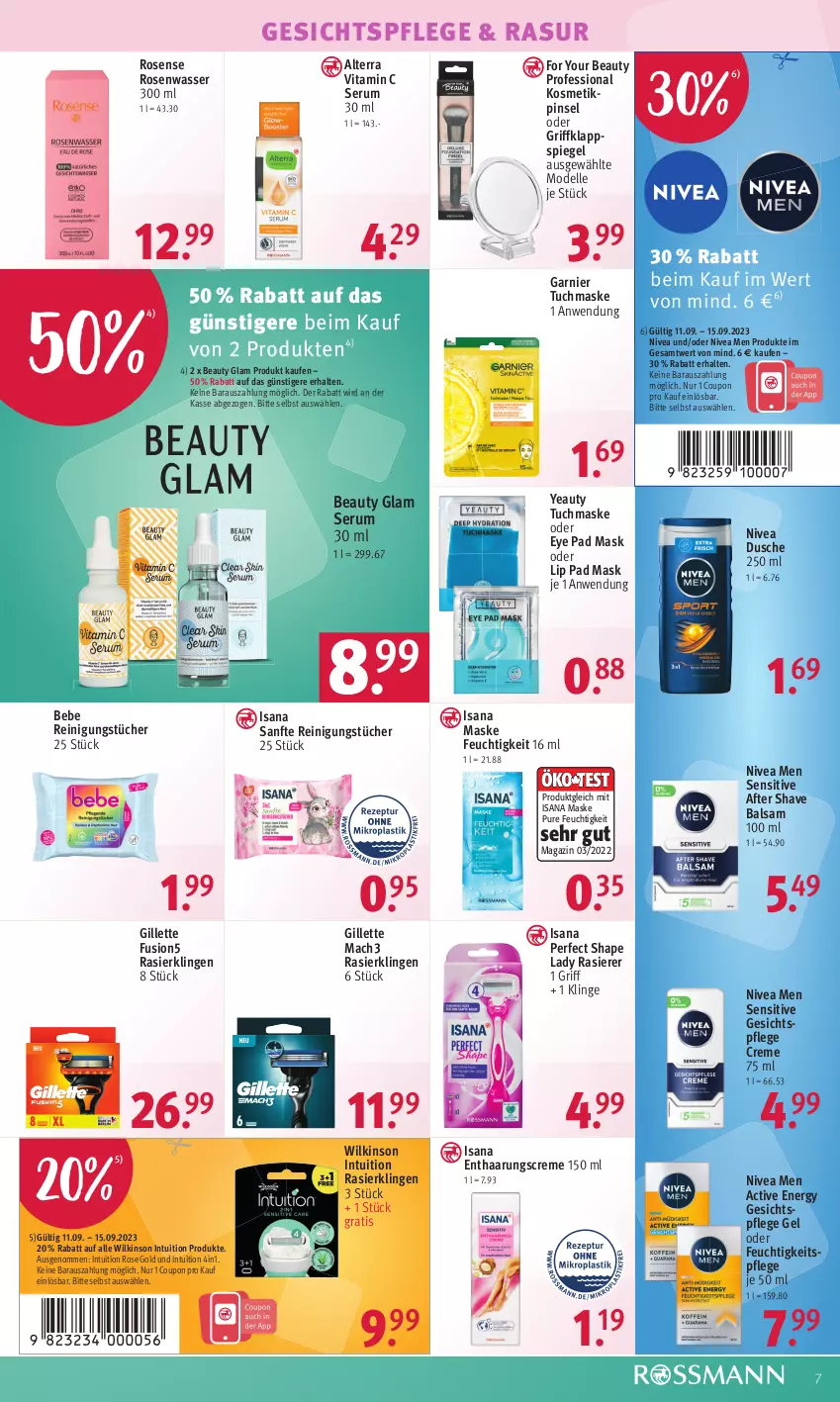 Aktueller Prospekt Rossmann - Prospekte - von 11.09 bis 15.09.2023 - strona 9 - produkty: after shave, alterra, balsam, Bebe, coupon, creme, dell, dusche, elle, feuchtigkeitspflege, For Your Beauty, fusion5, garnier, gesichtspflege, gillette, isana, kosmetik, mac, mach3, magazin, Maske, Mode, nivea, Nivea Men, Pinsel, rasierer, Rasierklinge, rasierklingen, Reinigung, reinigungstücher, rosen, Rosenwasser, rum, sana, Serum, spiegel, Ti, tuc, tücher, tuchmaske, vita, Vitamin C, wasser, wilkinson, Yo