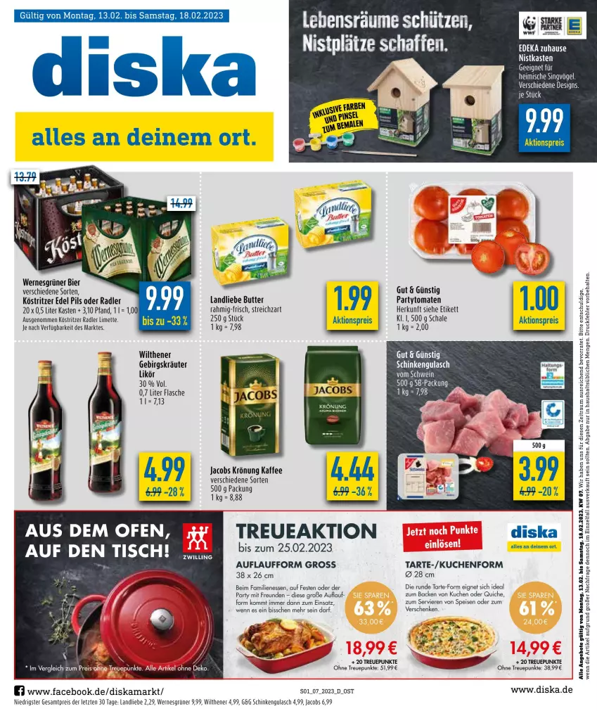 Aktueller Prospekt Diska - Prospekte - von 13.02 bis 18.02.2023 - strona 1 - produkty: aktionspreis, angebot, angebote, bier, butter, deka, eis, flasche, gulasch, jacobs, jacobs krönung, kaffee, köstritzer, kräuter, kuchen, landliebe, likör, limette, Mett, oder radler, Ofen, pils, Quiche, radler, reis, Schal, Schale, schinken, schwein, Streichzart, Ti, tisch, tomate, tomaten, wein, wilthener, ZTE