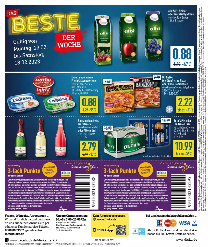 Aktueller Prospekt Diska - Prospekte - von 13.02 bis 18.02.2023 - strona 12 - produkty: angebot, angebote, buch, coupon, deka, die ofenfrische, Dr. Oetker, ecco, eier, eis, elle, ente, erde, exquisa, flasche, frucht, fruchtsaft, fruchtsaftgetränk, fruchtsecco, getränk, guthabenkarte, gutschein, kraft, LG, miree, Ofen, pizza, pizza tradizionale, reis, rotkäppchen, sac, saft, sekt, Tchibo, tee, telefon, teller, Ti, tradizionale, uhr, ZTE