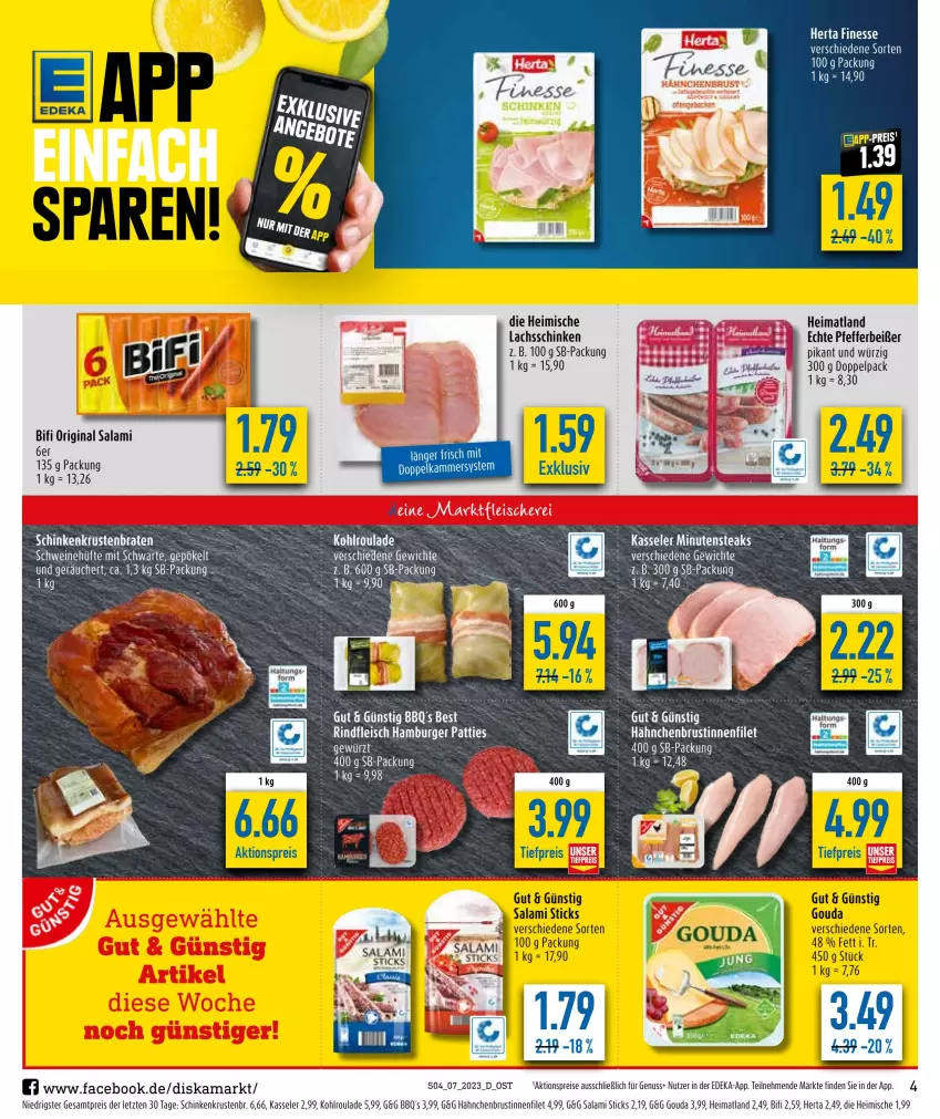 Aktueller Prospekt Diska - Prospekte - von 13.02 bis 18.02.2023 - strona 4 - produkty: aktionspreis, bifi, braten, burger, deka, eis, ente, filet, fleisch, gin, gouda, hähnchenbrust, hamburger, herta, kasseler, krustenbraten, lachs, lachsschinken, minutensteaks, nuss, pfeffer, Pfefferbeißer, reis, rind, rindfleisch, salami, schinken, schwein, schweine, steak, steaks, Ti, tiefpreis, wein, weine, ZTE