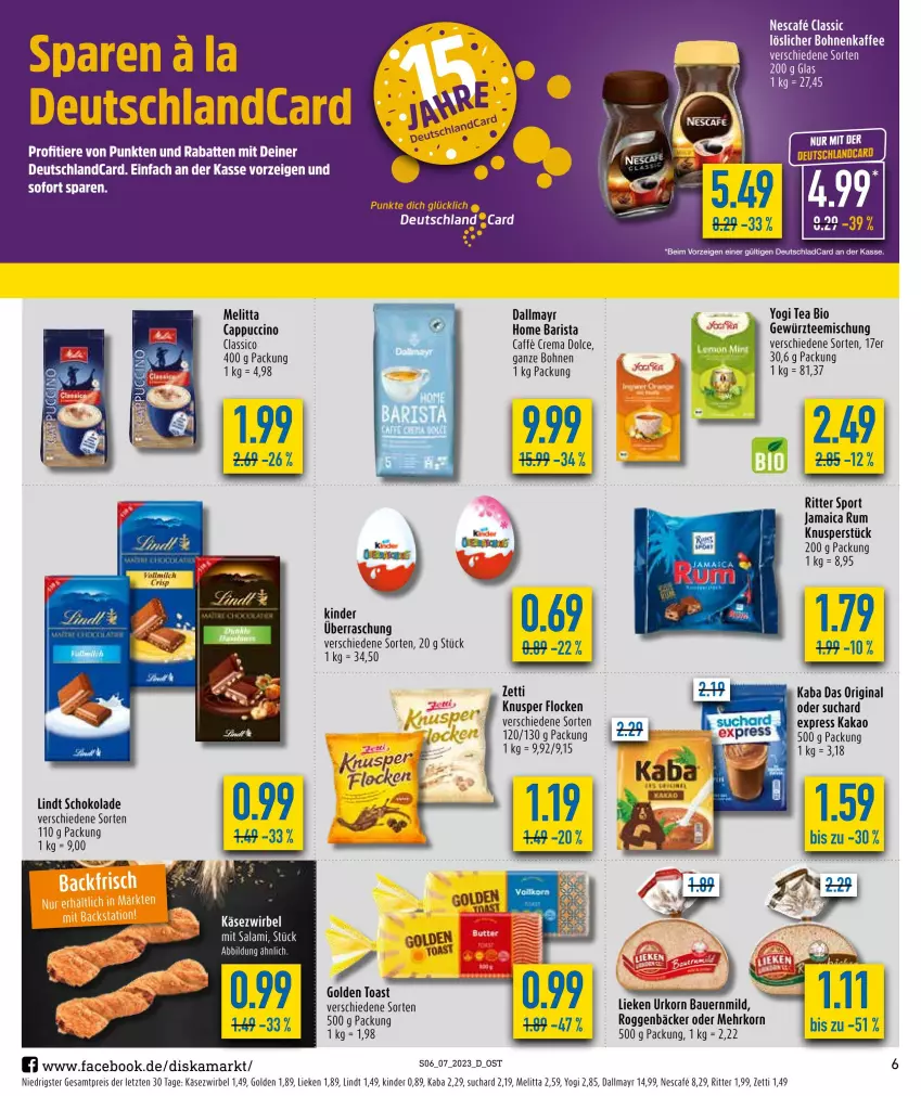 Aktueller Prospekt Diska - Prospekte - von 13.02 bis 18.02.2023 - strona 6 - produkty: auer, Bau, Bauer, bio, bohne, bohnen, caffe, Cap, cappuccino, cin, classico, dallmayr, deutschlandcard, eis, gewürz, gin, golden toast, hella, kakao, Käse, Käsezwirbel, Kinder, korn, lieken, lindt, melitta, nescafe, reis, ritter, ritter sport, rum, schoko, schokolade, Sport, tee, Ti, Tiere, toast, urkorn, Yo, ZTE