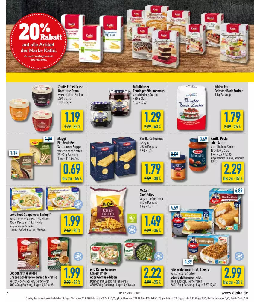 Aktueller Prospekt Diska - Prospekte - von 13.02 bis 18.02.2023 - strona 7 - produkty: acer, barilla, basilico, bohne, bohnen, coppenrath, eintopf, eis, filegro, filet, Goldstücke, iglo, Käse, konfitüre, konfitüre extra, kräuter, lasagne, maggi, mccain, mehl, mühlhäuser, pesto, pflaume, pflaumen, pflaumenmus, rahm-gemüse, reis, ring, sauce, Speck, südzucker, suppe, Ti, topf, zentis, ZTE, zucker