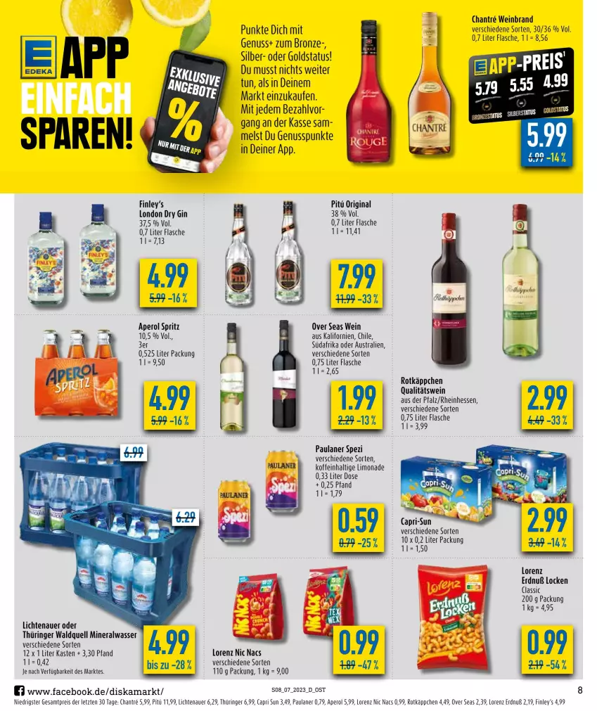 Aktueller Prospekt Diska - Prospekte - von 13.02 bis 18.02.2023 - strona 8 - produkty: Alwa, aperol, auer, aust, Cap, capri-sun, dry gin, eis, flasche, gin, lichtenauer, limo, limonade, london dry, london dry gin, lorenz, mineralwasser, nuss, Paula, paulaner, qualitätswein, reis, ring, rotkäppchen, Spezi, Ti, wasser, wein, weinbrand, ZTE