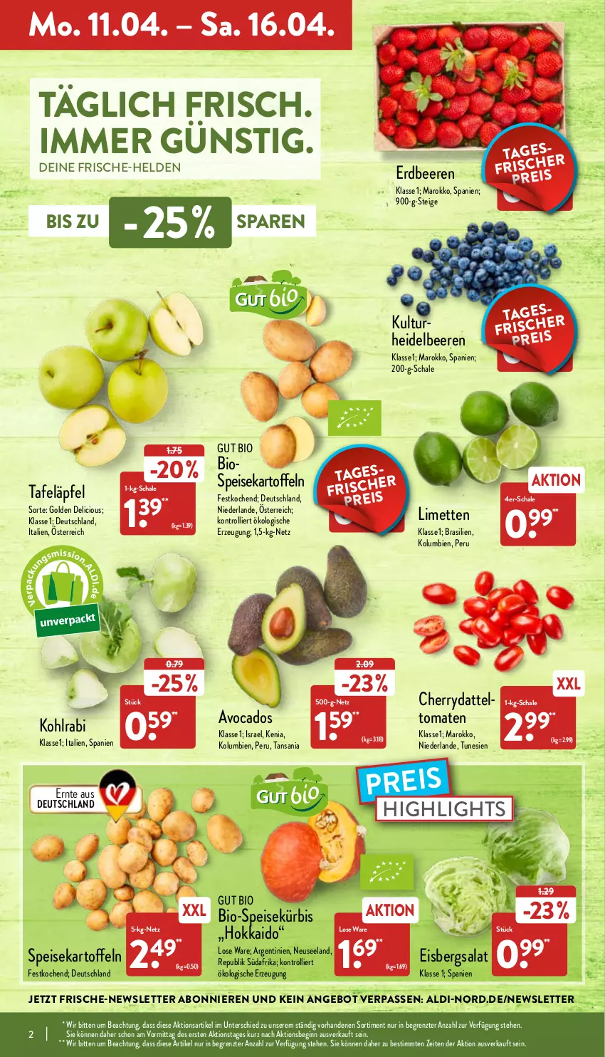 Aktueller Prospekt Aldi Nord - Aldi-Aktuell - von 11.04 bis 16.04.2022 - strona 2 - produkty: aldi, angebot, avocado, avocados, beere, beeren, bio, eis, eisbergsalat, Elan, erdbeere, erdbeeren, gin, heidelbeere, heidelbeeren, kartoffel, kartoffeln, kohlrabi, Kürbis, limette, limetten, Mett, metten, reis, salat, Schal, Schale, speisekartoffeln, tafeläpfel, Ti, tomate, tomaten, trolli, ZTE