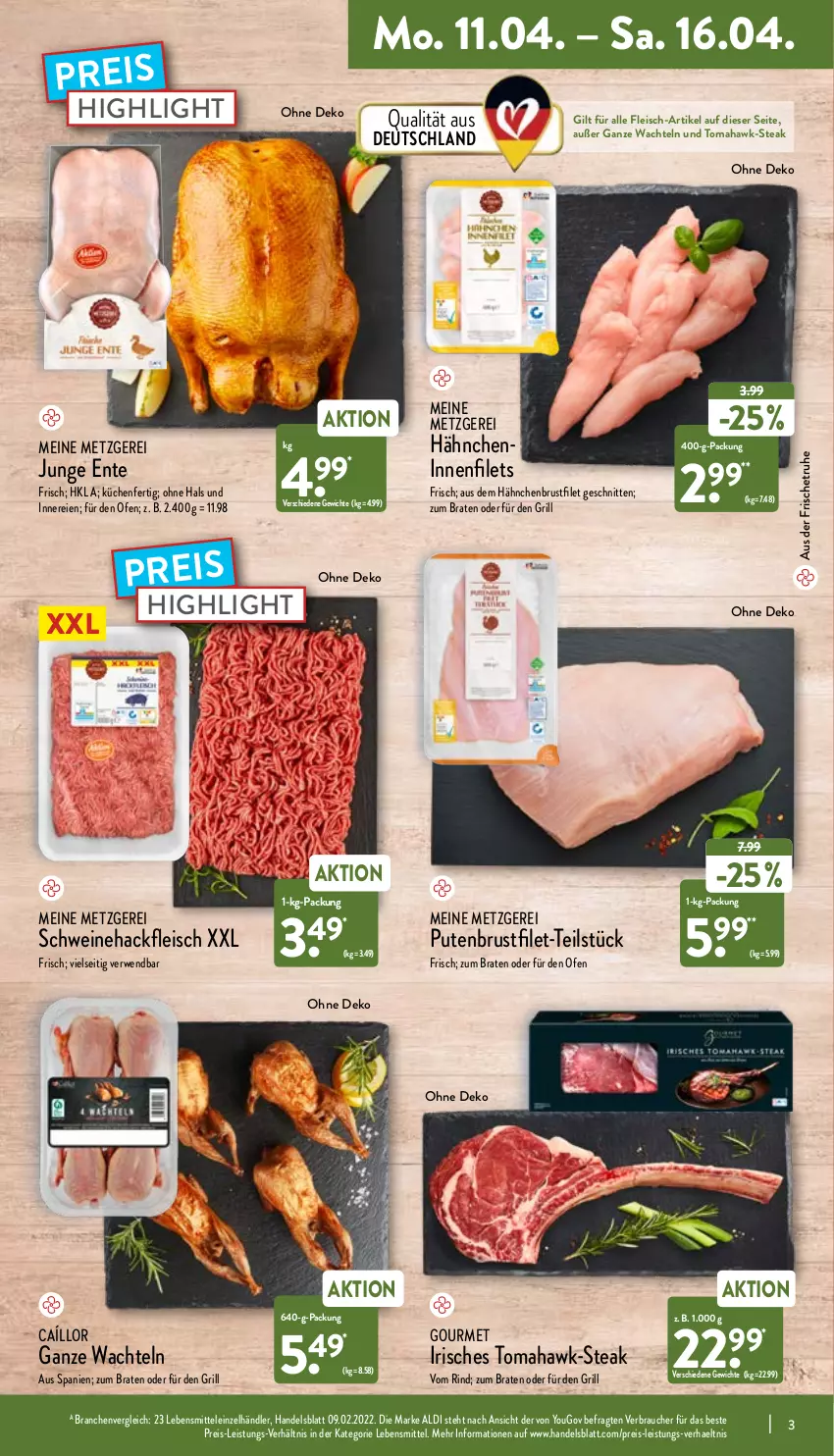 Aktueller Prospekt Aldi Nord - Aldi-Aktuell - von 11.04 bis 16.04.2022 - strona 3 - produkty: aldi, braten, brustfilet, eis, ente, filet, filets, fleisch, grill, hackfleisch, hähnchenbrust, hähnchenbrustfilet, küche, Küchen, lebensmittel, Ofen, pute, putenbrust, putenbrustfilet, Rauch, reis, rind, rwe, schnitten, schwein, schweine, Schweinehackfleisch, steak, Ti, wein, weine, Yo