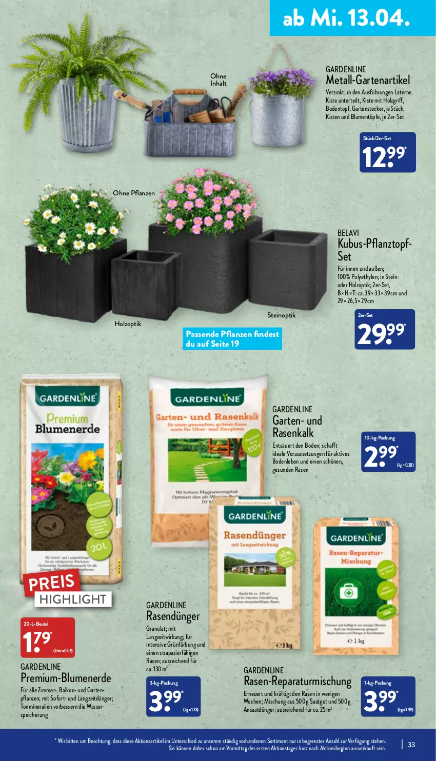 Aktueller Prospekt Aldi Nord - Aldi-Aktuell - von 11.04 bis 16.04.2022 - strona 33 - produkty: beutel, blume, blumen, blumenerde, dünger, eis, erde, Garten, Gartenpflanze, gin, Holz, laterne, pflanze, pflanzen, Pflanztopf, rasen, rasendünger, reis, Ti, topf, Topfset, wasser, ZTE