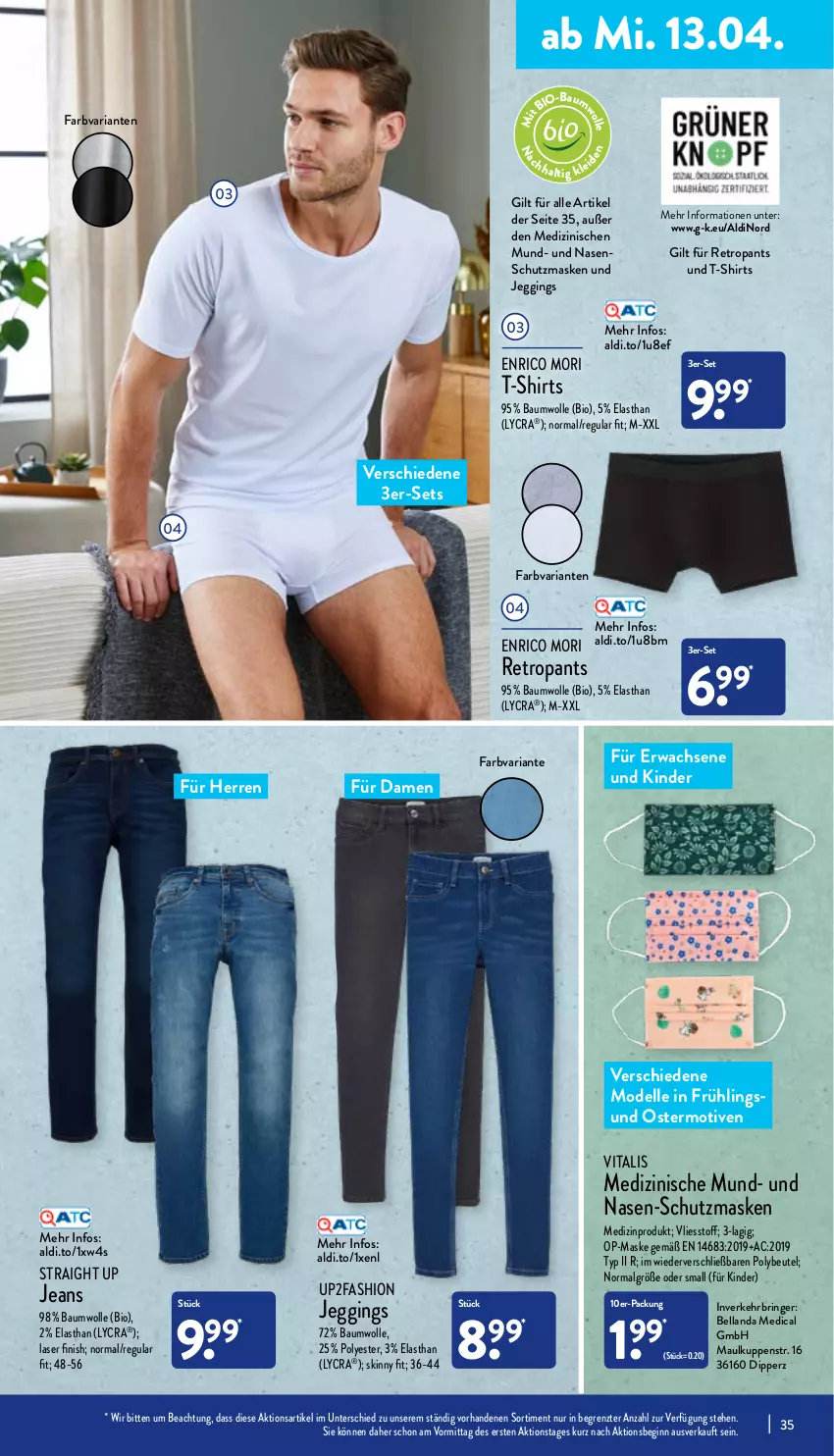 Aktueller Prospekt Aldi Nord - Aldi-Aktuell - von 11.04 bis 16.04.2022 - strona 35 - produkty: aldi, Bau, baumwolle, beutel, bio, dell, dip, elle, Finish, gin, jeans, Kinder, LG, Maske, medizinprodukt, Mode, Pants, Retropants, Ria, ring, shirt, shirts, T-Shirt, Ti, up2fashion, vita, vitalis, wolle, ZTE