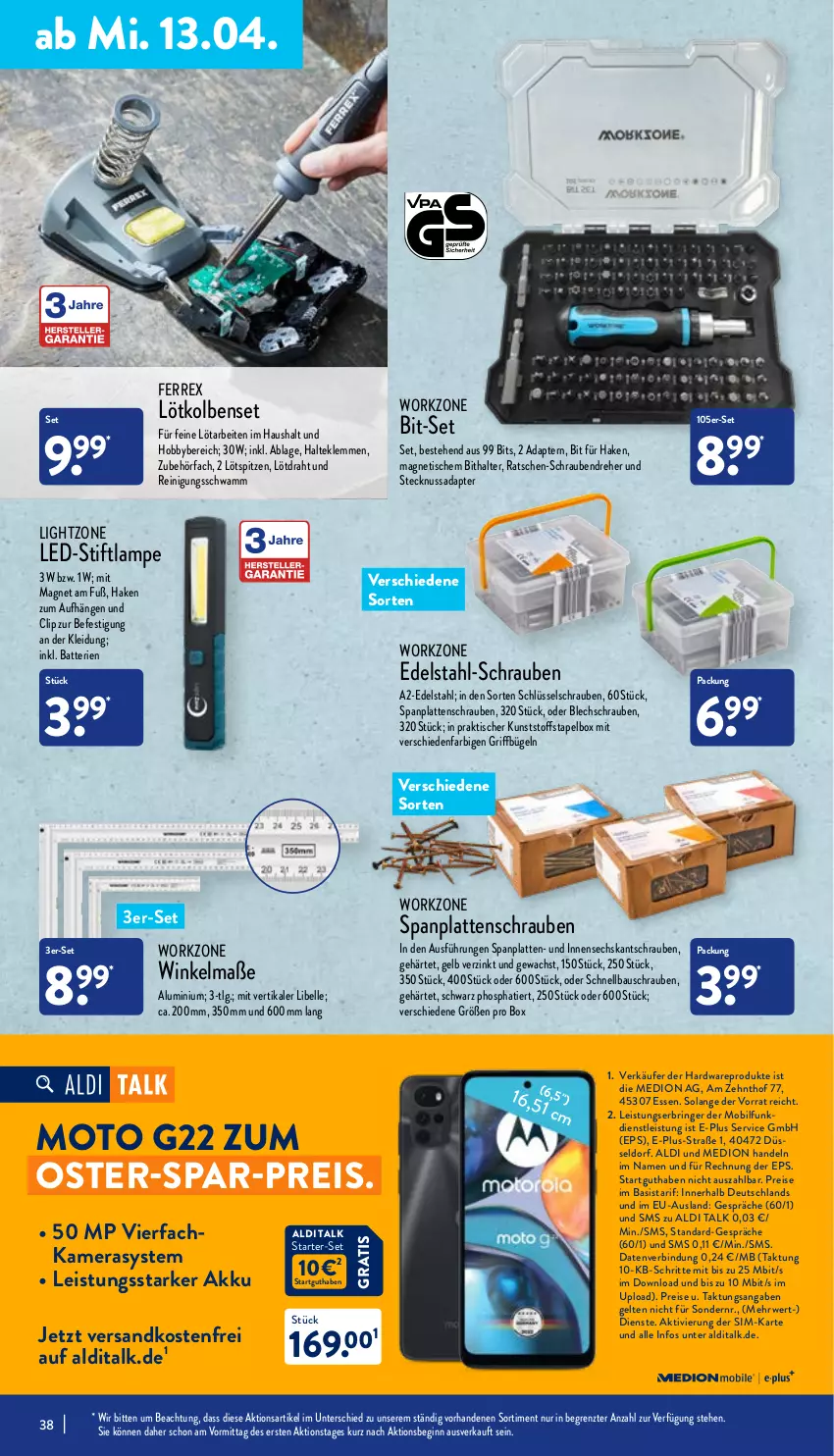 Aktueller Prospekt Aldi Nord - Aldi-Aktuell - von 11.04 bis 16.04.2022 - strona 38 - produkty: adapter, akku, aldi, aldi talk, batterie, batterien, Bau, bügel, Draht, edelstahl, eis, elle, ferrex, gin, hardware, Hobby, kamera, Kameras, kleid, Kleidung, Lampe, latte, LG, lightzone, medion, ndk, nuss, Reinigung, reis, ring, rwe, schrauben, Schraubendreher, schwamm, sim, Ti, tisch, versandkostenfrei, ZTE