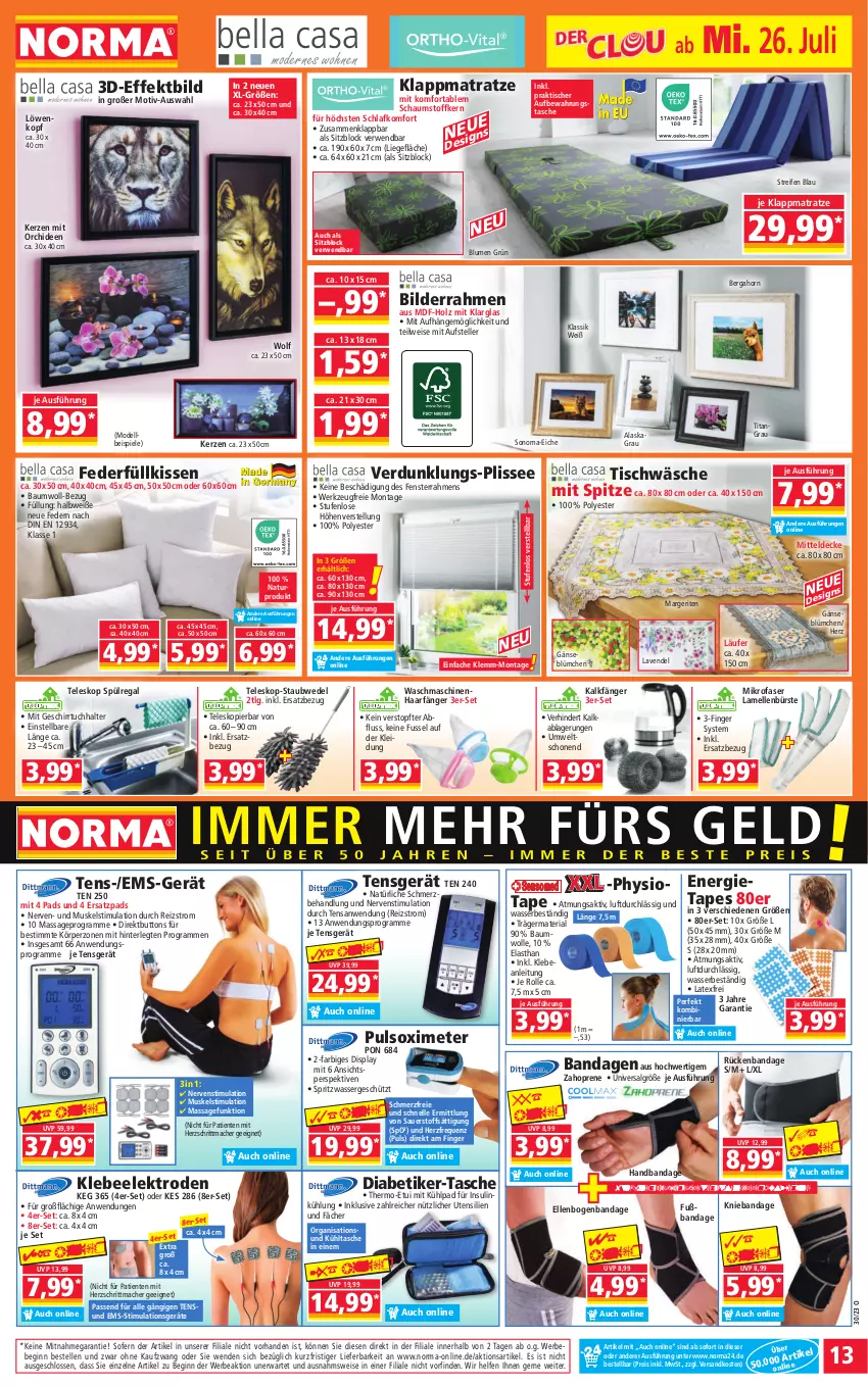 Aktueller Prospekt Norma - Norma - von 24.07 bis 31.07.2023 - strona 13 - produkty: auer, aufbewahrungstasche, Bau, baumwolle, Bebe, bilderrahmen, blume, blumen, bürste, decke, dell, eis, Elektro, elle, ente, fenster, gefu, Germ, geschirr, geschirrtuch, gin, Holz, kerze, kissen, kleid, Kleidung, kühltasche, Läufer, lavendel, LG, Liege, mac, matratze, mikrofaser, mitteldecke, Mode, natur, ndk, orchidee, orchideen, passend für alle, regal, reifen, reis, Ria, rwe, Spiele, staubwedel, Tasche, Teleskop, teller, Ti, tisch, Tischwäsche, topf, tuc, waschmaschine, waschmaschinen, wasser, wedel, wenko, werkzeug, wolle