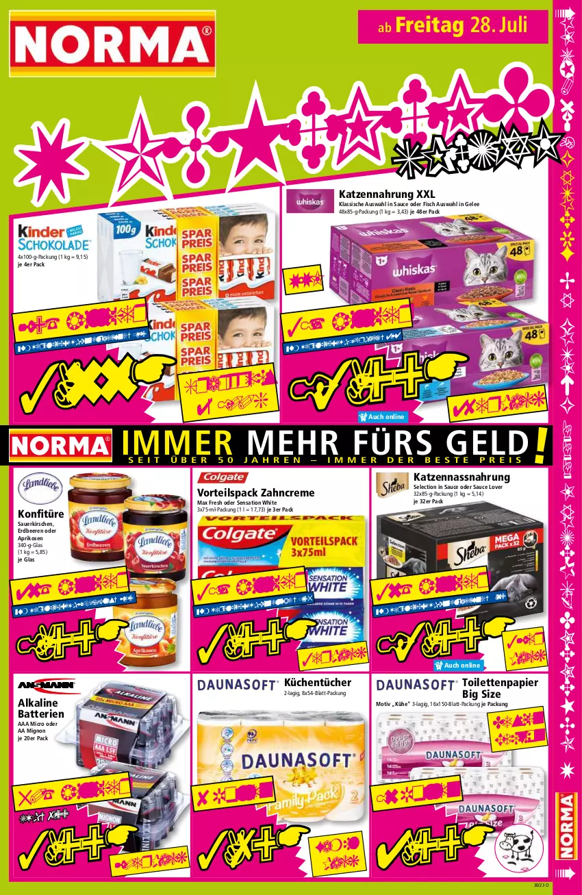 Aktueller Prospekt Norma - Norma - von 24.07 bis 31.07.2023 - strona 15 - produkty: aprikose, aprikosen, auer, batterie, batterien, beere, beeren, creme, eis, erdbeere, erdbeeren, fisch, gelee, katzennahrung, kirsch, kirsche, kirschen, konfitüre, küche, Küchen, küchentücher, Max Fresh, Nassnahrung, papier, reis, sauce, sauerkirschen, Ti, toilettenpapier, tücher, zahncreme