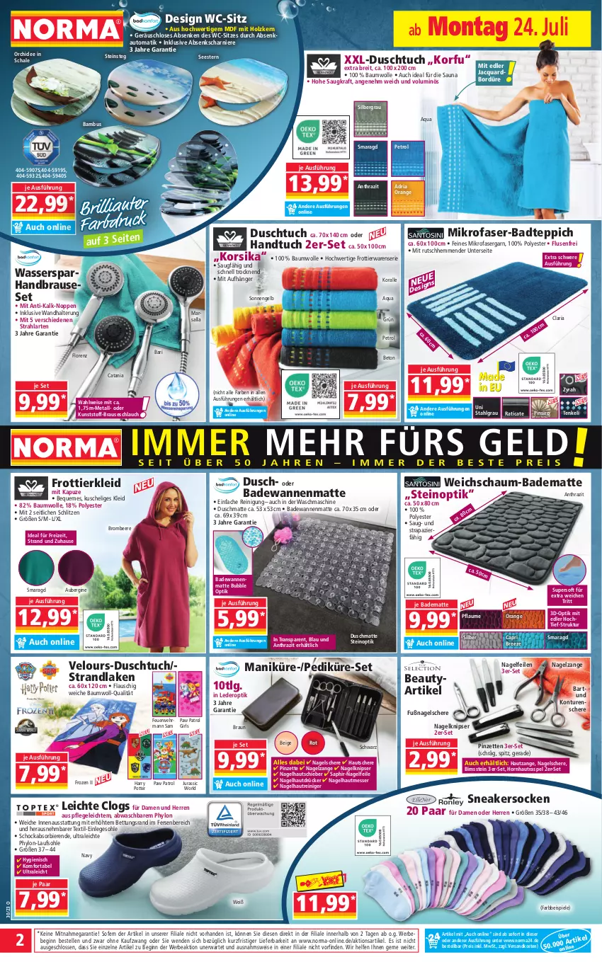 Aktueller Prospekt Norma - Norma - von 24.07 bis 31.07.2023 - strona 2 - produkty: aqua, aubergine, auto, Bad, badematte, Badewanne, badteppich, bambus, Bau, baumwolle, Bebe, beere, bett, bier, Biere, Bimsstein, braun, brause, brauseschlauch, bree, Brei, brombeere, Cap, Clogs, Duschmatte, duschtuch, ehrmann, eis, elle, Engel, gin, handbrause, handtuch, Hautzange, Holz, Hornhautraspel, Hylo, Jura, kleid, kraft, LG, lorenz, mars, messer, mikrofaser, Nagelfeile, Nagelzange, ndk, orange, orchidee, Paw Patrol, pflaume, Pinzette, reiniger, Reinigung, reis, Ria, rwe, Schal, Schale, Schere, schlauch, senf, sneaker, sneakersocken, socken, Spiele, strandlaken, teppich, Ti, tuc, wandhalterung, Wanne, waschmaschine, wasser, wc-sitz, wolle