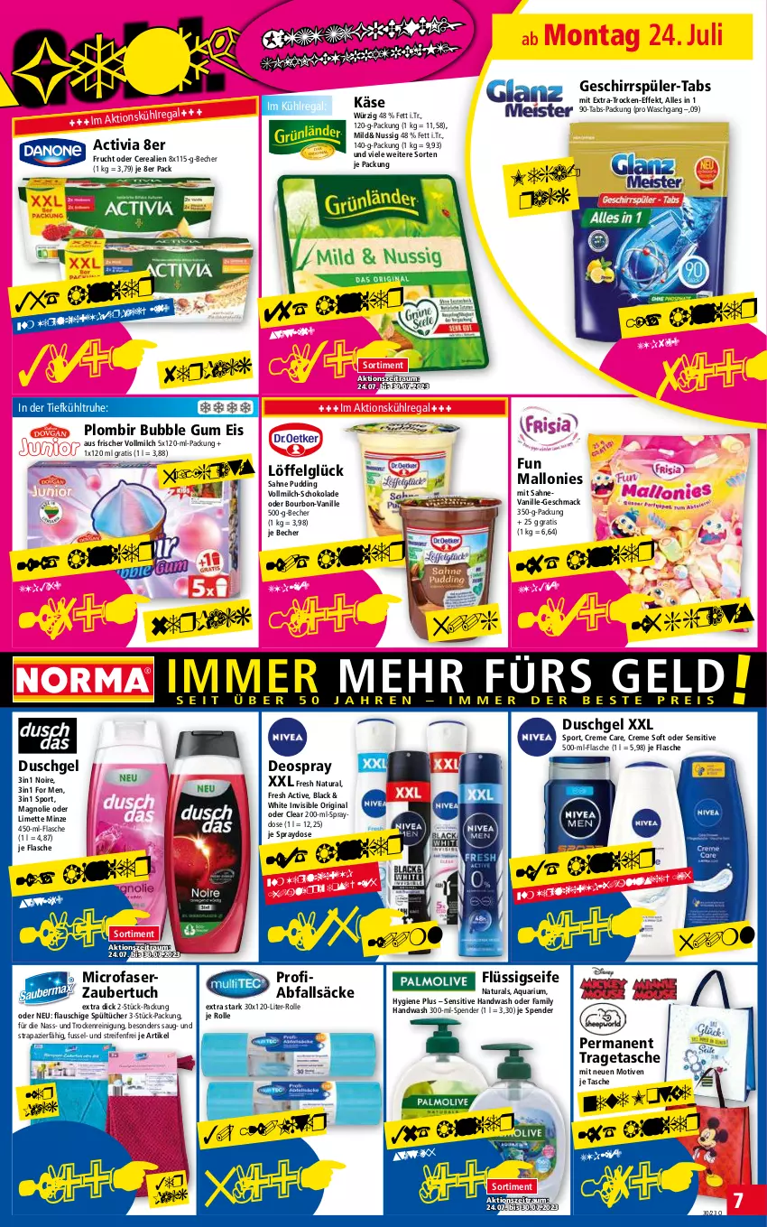 Aktueller Prospekt Norma - Norma - von 24.07 bis 31.07.2023 - strona 7 - produkty: activia, aqua, Becher, bourbon, cerealien, creme, deo, deospray, duschgel, eis, flasche, flüssigseife, frucht, geschirr, geschirrspüler, gin, Käse, kühlregal, lack, LG, limette, Löffel, mac, Mett, milch, minze, natur, natura, nuss, pudding, regal, reifen, Reinigung, sahne, schoko, Seife, Sport, Tasche, Ti, tragetasche, tuc, tücher, vanille, vollmilch