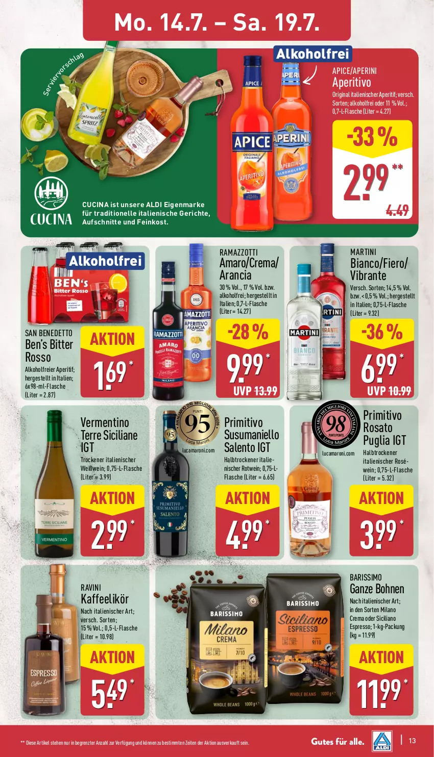 Aktueller Prospekt Aldi Nord - Von Montag - von 14.07 bis 19.07.2025 - strona 13 - produkty: aldi, alkohol, amaro, aperitif, aufschnitt, bohne, bohnen, cin, eier, elle, espresso, feinkost, flasche, gin, kaffee, likör, martini, primitivo, rama, ramazzott, ramazzotti, rosato, roséwein, rotwein, sim, Ti, wein, Weißwein, zott, ZTE