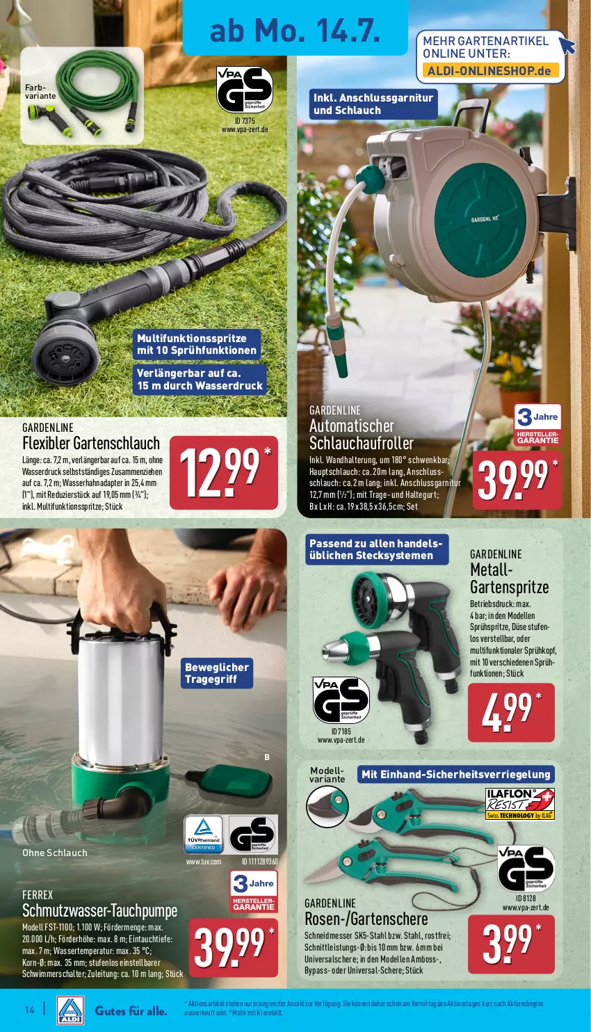 Aktueller Prospekt Aldi Nord - Von Montag - von 14.07 bis 19.07.2025 - strona 14 - produkty: adapter, aldi, auto, boss, dell, eis, elle, ferrex, garnitur, Garten, Gartenschere, gartenschlauch, gin, HP, korn, LG, messer, Mode, Ria, riegel, Roller, rosen, Schal, Schere, schlauch, Ti, tisch, tragegriff, wandhalterung, wasser, ZTE