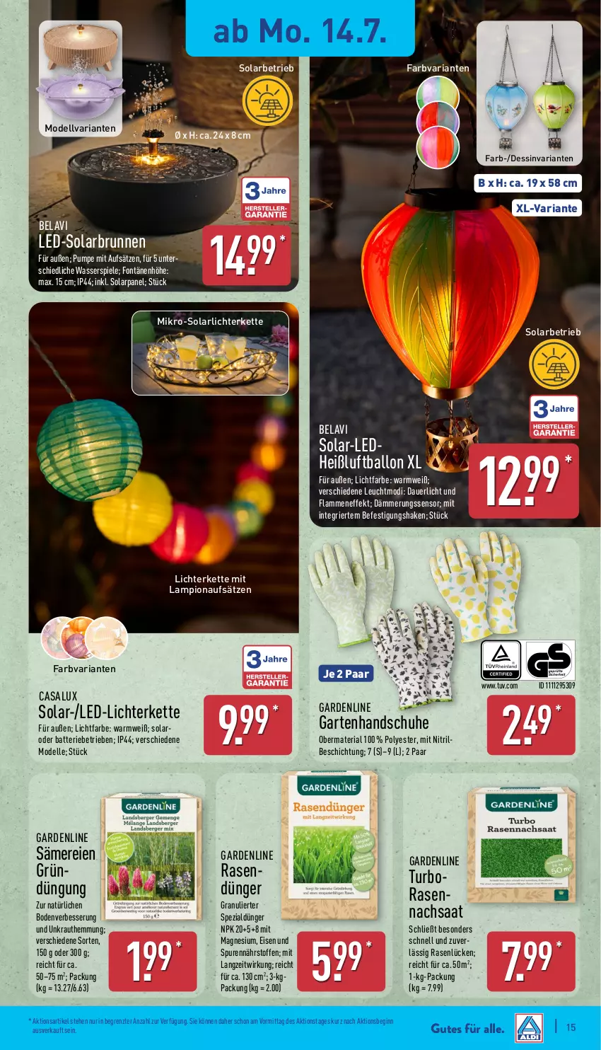 Aktueller Prospekt Aldi Nord - Von Montag - von 14.07 bis 19.07.2025 - strona 15 - produkty: auer, ball, batterie, brunnen, dell, dünger, eis, elle, Garten, gin, handschuhe, Kette, Kraut, lamm, led-licht, lichterkette, Luftballon, magnesium, Mode, rasen, rasendünger, Ria, schuhe, shake, Spezi, Spiele, Ti, wasser, ZTE