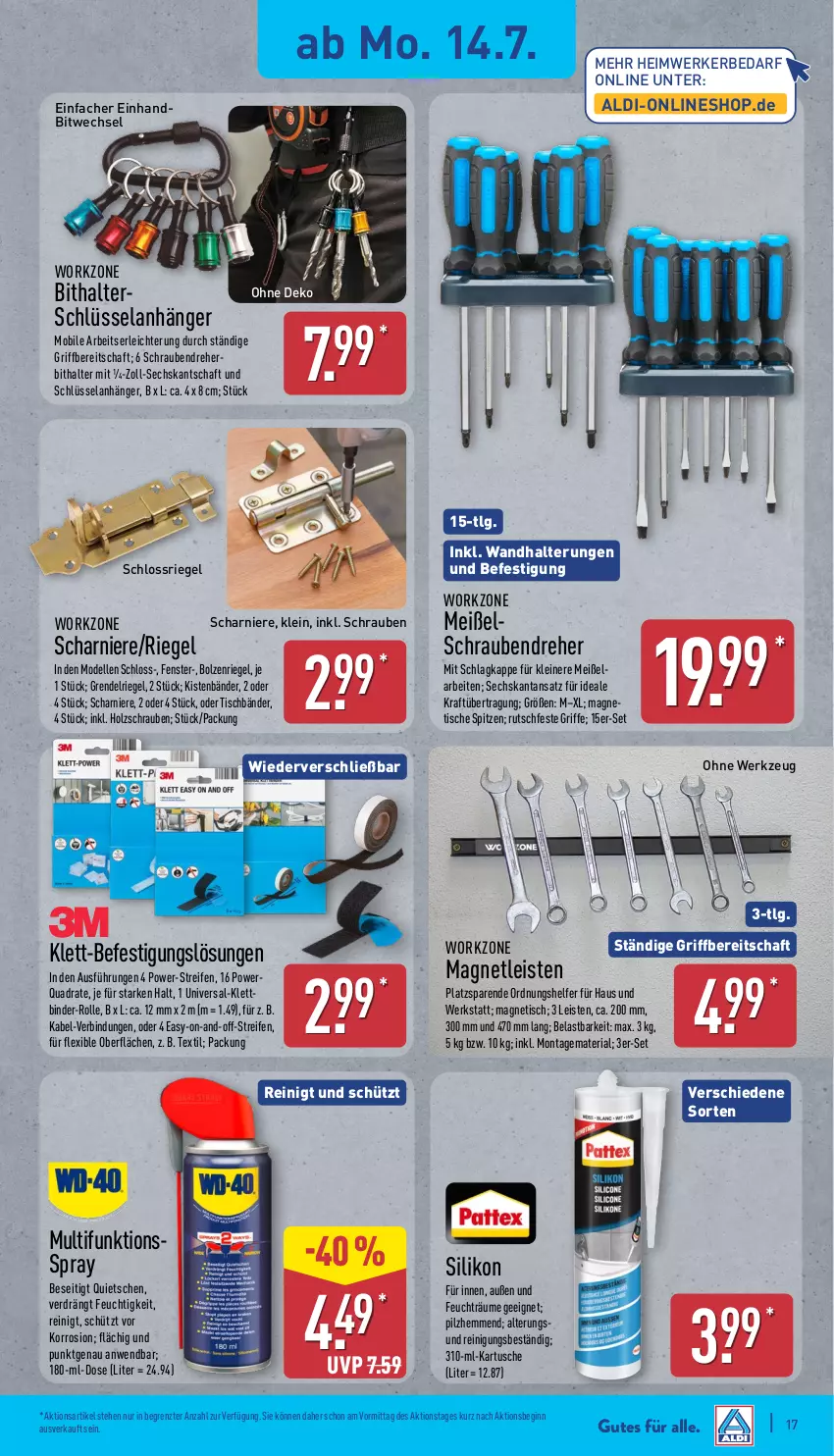 Aktueller Prospekt Aldi Nord - Von Montag - von 14.07 bis 19.07.2025 - strona 17 - produkty: aldi, Anhänger, dell, eis, Elan, elle, fenster, gin, Holz, kraft, leine, LG, Mode, quad, reifen, Reinigung, Ria, riegel, schrauben, Schraubendreher, Ti, tisch, Universal-Klettbinder, wandhalterung, werkzeug, ZTE