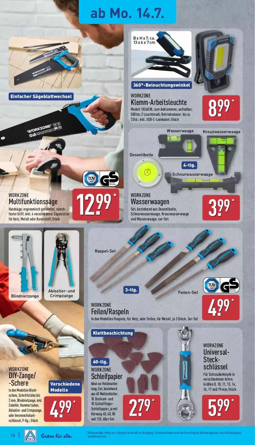 Aktueller Prospekt Aldi Nord - Von Montag - von 14.07 bis 19.07.2025 - strona 18 - produkty: abis, Arbeitsleuchte, auer, beleuchtung, deka, dell, elle, gin, gsw, Holz, ladekabel, Leuchte, LG, Mode, papier, säge, Schere, Schleifpapier, schrauben, Ti, tisch, usb, Waage, wasser, ZTE