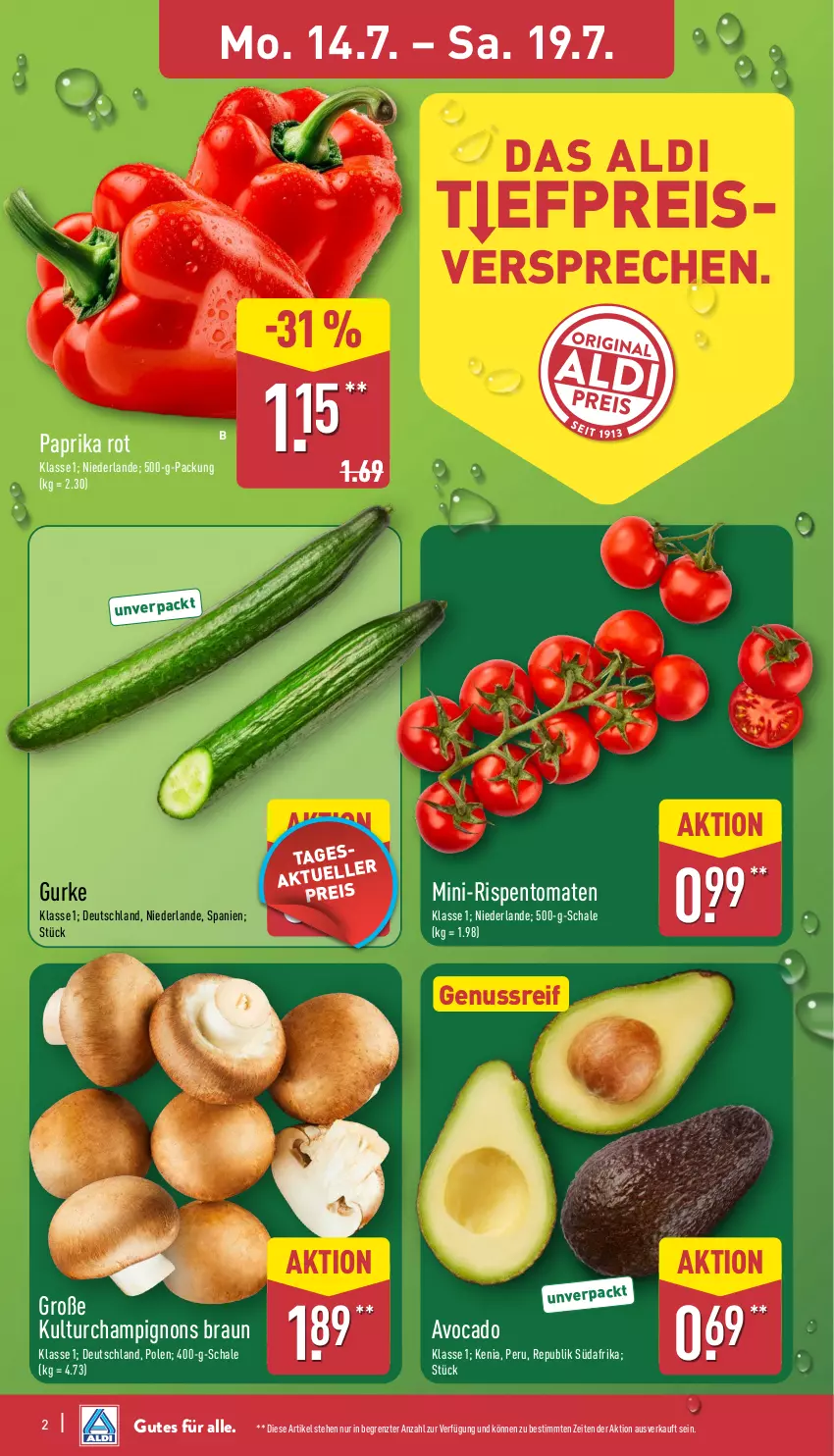 Aktueller Prospekt Aldi Nord - Von Montag - von 14.07 bis 19.07.2025 - strona 2 - produkty: aldi, avocado, braun, champignon, champignons, champignons braun, eis, gurke, mini-rispentomaten, nuss, paprika, paprika rot, reis, rispentomaten, Schal, Schale, Ti, tomate, tomaten, ZTE