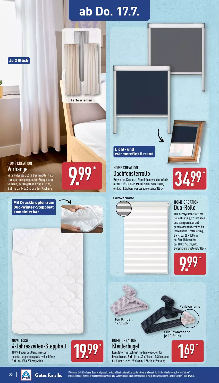 Aktueller Prospekt Aldi Nord - Von Montag - von 14.07 bis 19.07.2025 - strona 22 - produkty: Bau, baumwolle, bett, bügel, dell, eis, elle, ente, fenster, Ganzjahresbett, Kinder, kleid, kleider, kleiderbügel, Mode, reifen, Ria, rwe, steppbett, Ti, Tiere, velux, wasser, wolle