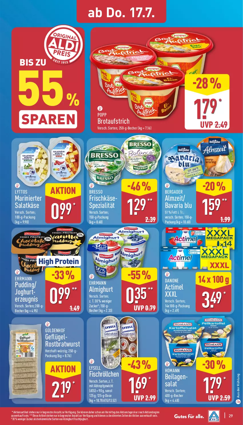 Aktueller Prospekt Aldi Nord - Von Montag - von 14.07 bis 19.07.2025 - strona 29 - produkty: actimel, almighur, almighurt, aufstrich, bavaria blu, Becher, bergader, bratwurst, bresso, brot, brotaufstrich, danone, ehrmann, fisch, frischkäse, frucht, fruchtjoghurt, Geflügel, gin, homann, ilag, joghur, joghurt, Käse, lysell, Popp, pudding, Ria, rostbratwurst, salat, Spezi, Ti, wurst, ZTE, zucker