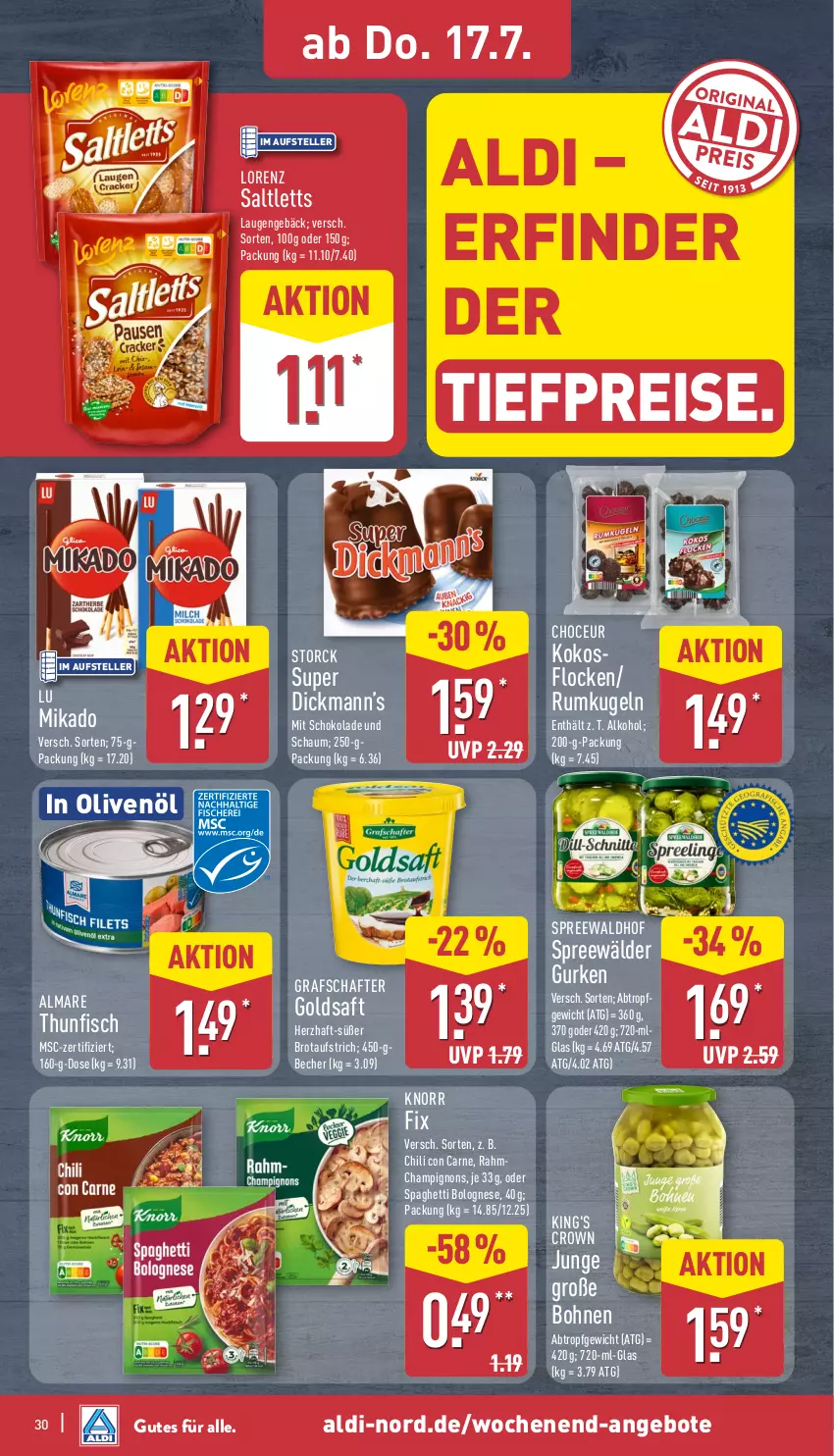 Aktueller Prospekt Aldi Nord - Von Montag - von 14.07 bis 19.07.2025 - strona 30 - produkty: aldi, alkohol, almare, angebot, angebote, aufstrich, Becher, bohne, bohnen, bolognese, brot, brotaufstrich, champignon, champignons, chili, eis, elle, fisch, goldsaft, grafschafter, gurke, gurken, in olivenöl, knorr, knorr fix, kokos, Kugel, LG, lorenz, mikado, olive, oliven, olivenöl, reis, rum, saft, saltletts, schoko, schokolade, spaghetti, spaghetti bolognese, spreewälder, spreewaldhof, storck, teller, thunfisch, Ti, tiefpreis