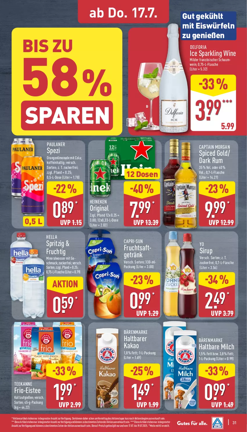 Aktueller Prospekt Aldi Nord - Von Montag - von 14.07 bis 19.07.2025 - strona 31 - produkty: Alwa, bärenmarke, Cap, capri-sun, captain morgan, cola, eis, eistee, eiswürfel, flasche, frucht, fruchtsaft, fruchtsaftgetränk, getränk, gin, haltbare milch, heineken, hella, kakao, limo, limonade, mac, milch, mineralwasser, orange, orangen, Paula, paulaner, reis, Ria, rum, saft, sirup, Spezi, tee, teekanne, Ti, wasser, wein, würfel, Yo, ZTE, zucker