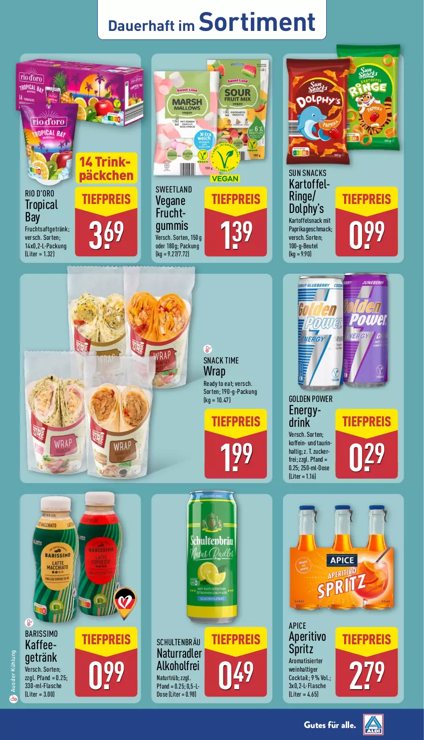 Aktueller Prospekt Aldi Nord - Von Montag - von 14.07 bis 19.07.2025 - strona 39 - produkty: alkohol, auer, beutel, cocktail, d'oro, drink, eis, flasche, frucht, fruchtgummi, fruchtgummis, fruchtsaft, fruchtsaftgetränk, getränk, kaffee, kartoffel, mac, mit paprika, natur, paprika, radler, reis, ring, saft, sim, snack, snack time, snacks, Sun Snacks, Sweetland, Ti, tiefpreis, wein, wrap, zucker