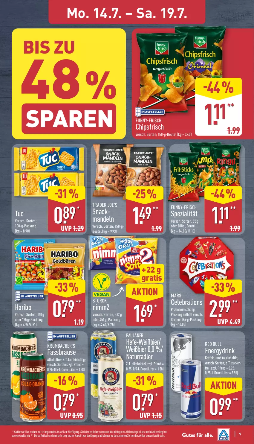 Aktueller Prospekt Aldi Nord - Von Montag - von 14.07 bis 19.07.2025 - strona 7 - produkty: alkohol, beutel, bier, brause, chips, chipsfrisch, drink, elle, fassbrause, funny-frisch, gin, haribo, Hefe, krombache, krombacher, mandel, mandeln, mars, natur, nimm2, Paula, paulaner, pralinen, radler, red bull, snack, Spezi, storck, teller, Ti, tuc, ZTE, zucker