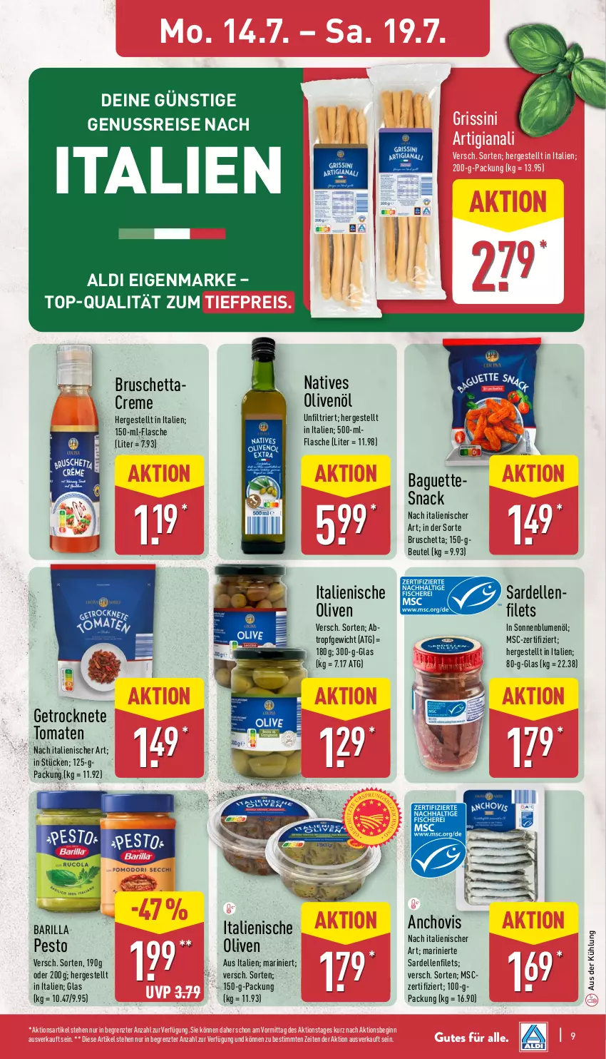 Aktueller Prospekt Aldi Nord - Von Montag - von 14.07 bis 19.07.2025 - strona 9 - produkty: aldi, baguette, baguettes, barilla, beutel, blume, blumen, blumenöl, chovi, creme, dell, eis, elle, filet, filets, flasche, Getrocknete Tomaten, gin, grissini, natives olivenöl, nuss, olive, oliven, olivenöl, pesto, reis, Sardellen, snack, sonnenblume, sonnenblumen, sonnenblumenöl, Ti, tiefpreis, tomate, tomaten, ZTE