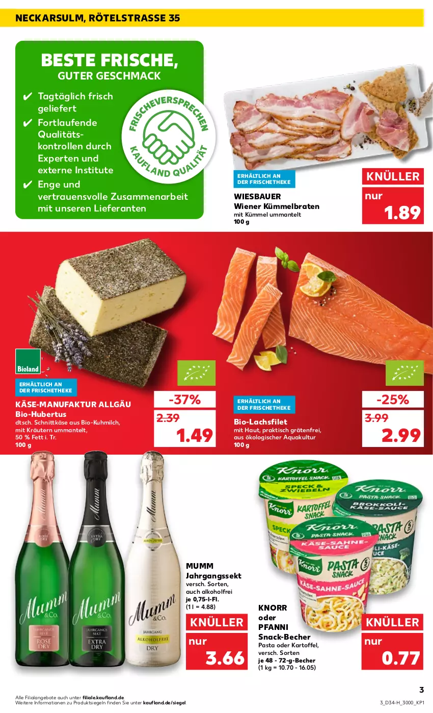 Aktueller Prospekt Kaufland - Spezielle Angebote - von 25.08 bis 31.08.2022 - strona 3 - produkty: alkohol, angebot, angebote, aqua, auer, Bau, Bauer, Becher, bio, braten, Faktu, filet, jahrgangssekt, kartoffel, Käse, knorr, kräuter, kräutern, lachs, lachsfilet, Laufen, LG, mac, Mantel, milch, mumm, pasta, pfanni, schnittkäse, sekt, snack, Ti, tisch, wiener, wiesbauer