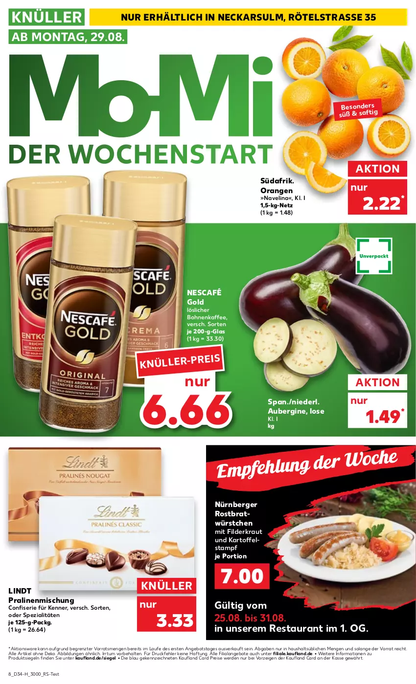 Aktueller Prospekt Kaufland - Spezielle Angebote - von 25.08 bis 31.08.2022 - strona 8 - produkty: angebot, angebote, aubergine, Berger, bohne, bohnen, bohnenkaffee, eis, erde, gin, kaffee, kartoffel, Kraut, lindt, löslicher bohnenkaffee, navelina, Nescafé, nescafé gold, nürnberger, orange, orangen, pralinen, reis, saft, Spezi, Ti, würstchen, ZTE