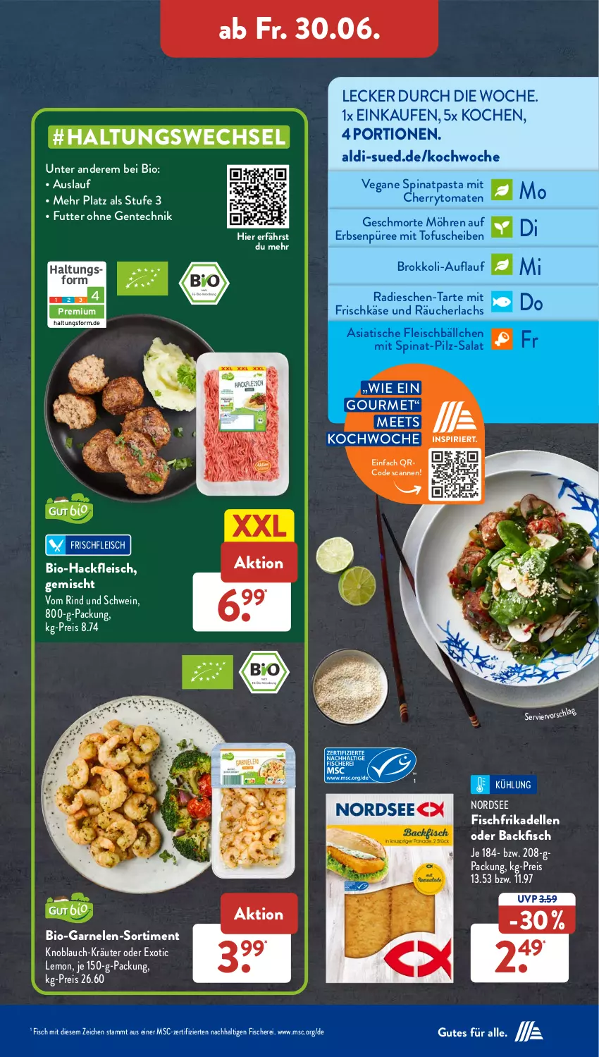 Aktueller Prospekt AldiSud - NÄCHSTE WOCHE - von 26.06 bis 01.07.2023 - strona 31 - produkty: aldi, backfisch, bio, Bio-Hackfleisch, brokkoli, cherrytomaten, dell, eis, elle, ente, erbsen, fisch, fische, Fischer, fleisch, Fleischbällchen, frikadellen, frischkäse, garnelen, gsw, hackfleisch, Käse, knoblauch, kräuter, lachs, möhren, Nordsee, pasta, püree, radieschen, Räucherlachs, reis, rind, salat, Schere, schwein, spinat, Ti, tisch, Tofu, tomate, tomaten, wein