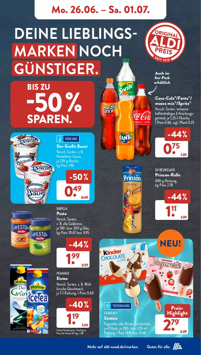 Aktueller Prospekt AldiSud - NÄCHSTE WOCHE - von 26.06 bis 01.07.2023 - strona 9 - produkty: aldi, auer, barilla, Bau, Bauer, Becher, cassis, coca-cola, cola, de beukelaer, eis, eistee, erfrischungsgetränk, fanta, ferrero, flasche, getränk, Kinder, kinder schokolade, kirsch, kirsche, mac, Mezzo Mix, pesto, pfanne, Pfanner, reis, schoko, schokolade, sprite, stieleis, tee, Ti, Wild, Yo, yogurette, ZTE