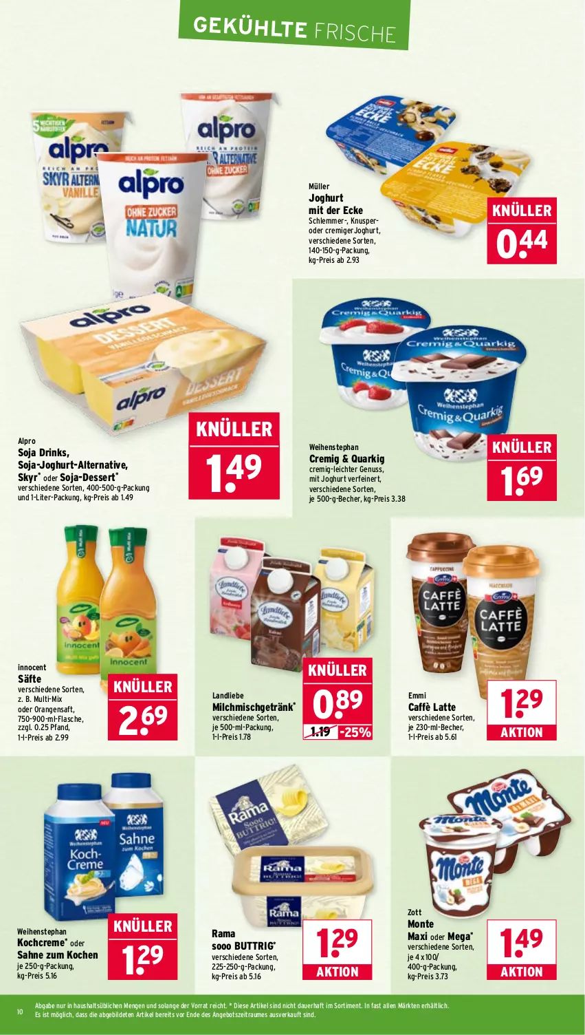Aktueller Prospekt Wasgau - von 13.10 bis 18.10.2025 - strona 10 - produkty: alpro, angebot, auer, Becher, caffè latte, creme, dessert, drink, drinks, eis, emmi, flasche, getränk, Innocent, je 250-g-packung, joghur, joghurt, joghurt mit der ecke, Kochcreme, landliebe, latte, milch, monte, Müller, nuss, orange, orangen, orangensaft, quark, Quarki, rama, reis, saft, säfte, sahne, Skyr, soja, Ti, weihenstephan, zott